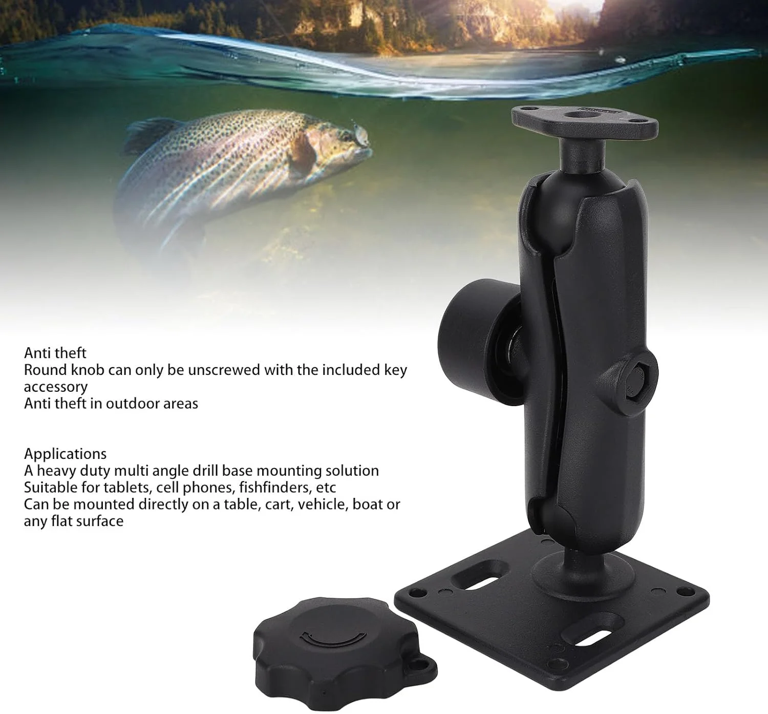 پایه نگهدارنده دو توپی 1.5 اینچی مقاوم با بازوی قابل تنظیم و قفل ایمنی برای تبلت، ماهی یاب، نصب روی قایق و خودرو، آلیاژ آلومینیوم پایه نگهدارنده دو توپی 1.5 اینچی مقاوم با بازوی قابل تنظیم و قفل ایمنی برای تبلت، ماهی یاب، نصب روی قایق و خودرو، آلیاژ آلومینیوم