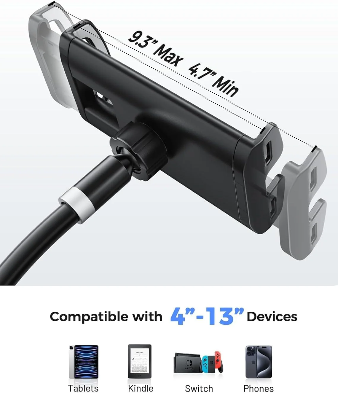 پایه نگهدارنده تبلت گردن غازی: گیره بازوی انعطاف پذیر سازگار با آیپد مینی پرو ایر، کیندل، سوییچ، گلکسی تب و سایر دستگاه های 4.7 تا 11 اینچی - (مشکی)