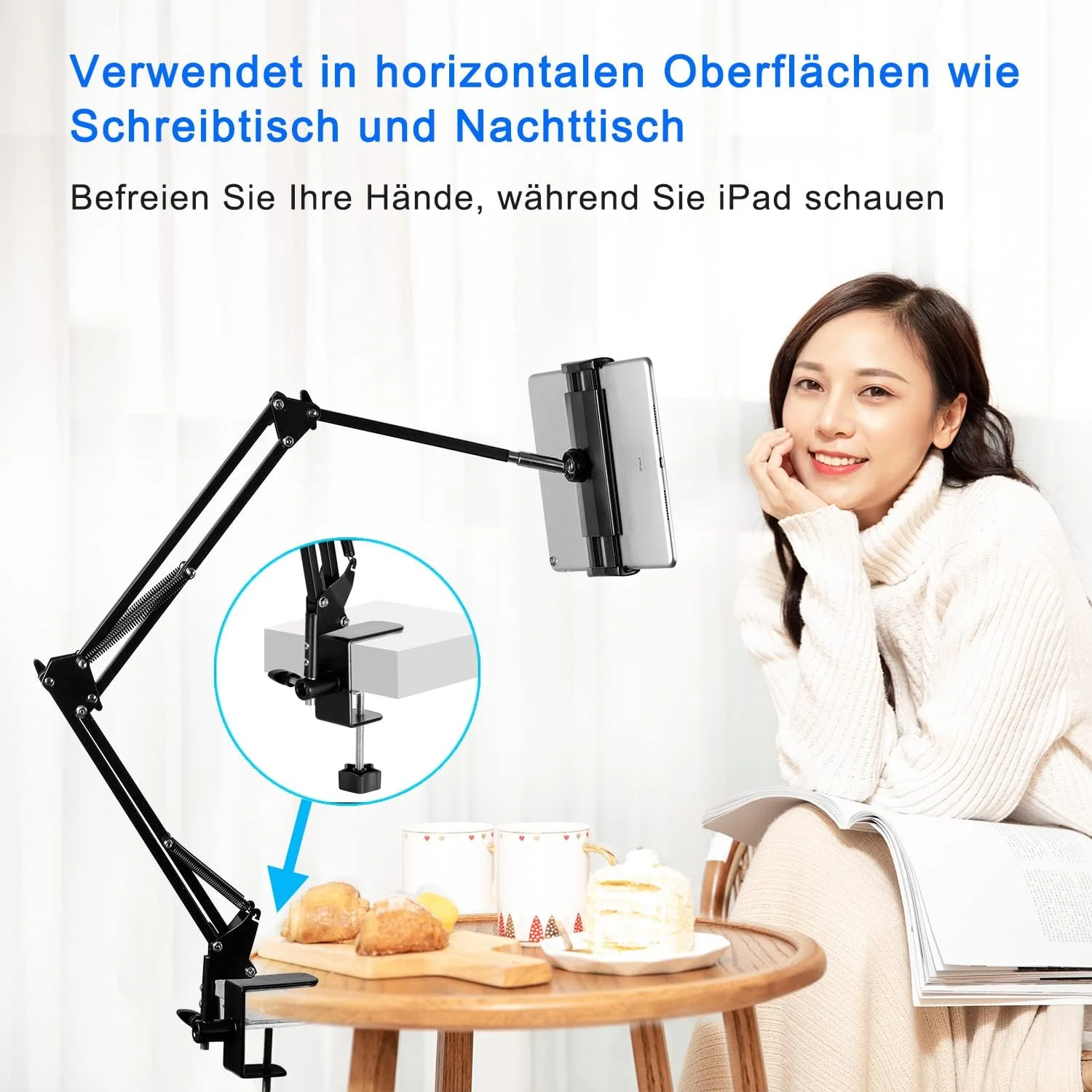 پایه نگهدارنده تبلت با بازوی آلومینیومی مقاوم و چرخش 360 درجه مناسب برای آیپد، تبلت، تلفن یا سایر دستگاه ها با صفحه نمایش 4.5 تا 12.9 اینچ