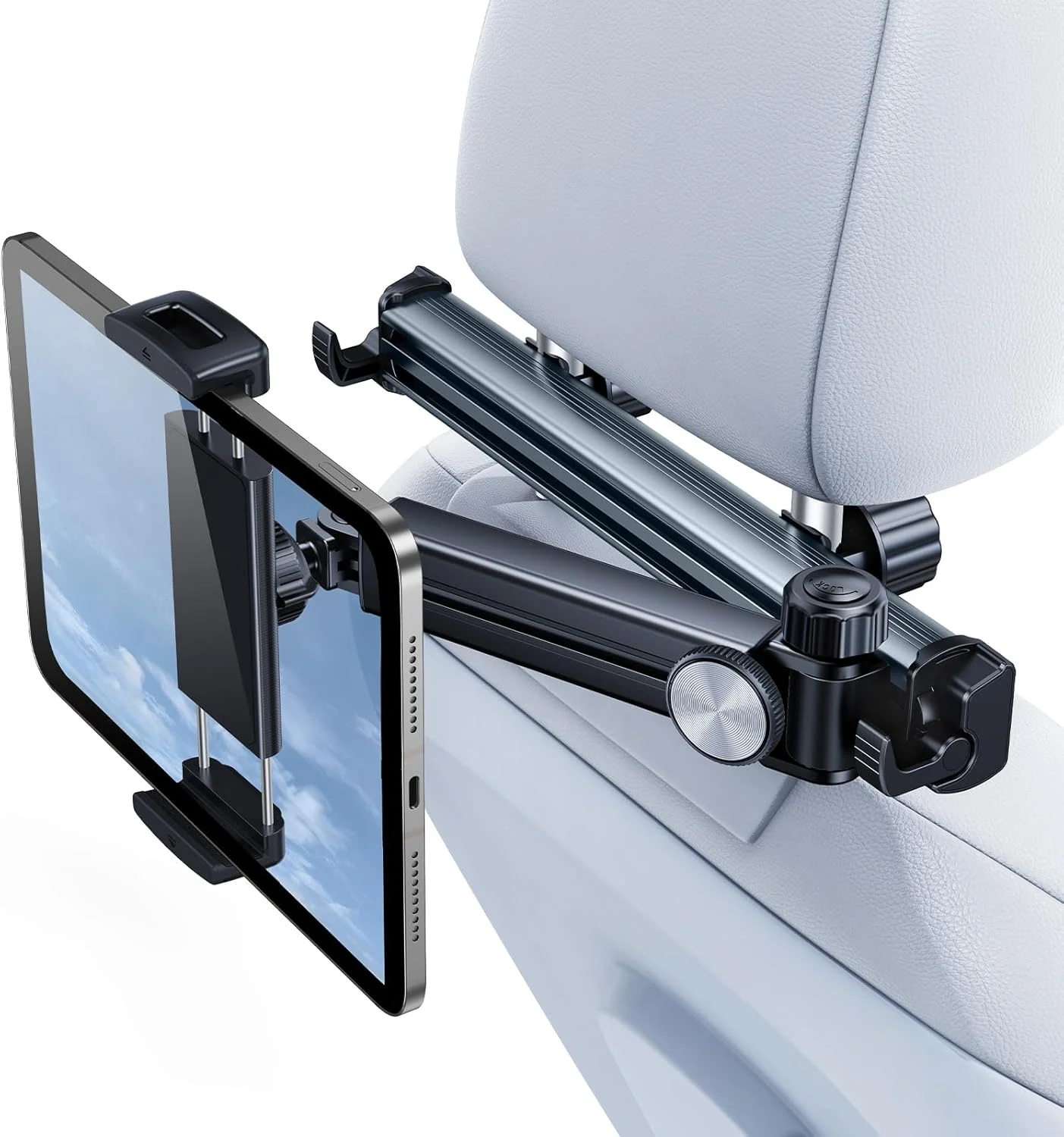 پایه نگهدارنده تبلت صندلی عقب خودرو QATSBASF، [بازوی کشویی] مدل 2025 قابل تنظیم برای صندلی عقب، لوازم ضروری سفر جاده ای برای کودکان، مناسب برای آیپد پرو، ایر، سامسونگ، دستگاه های 4.7-12.9 اینچی، نقره ای مشکی
