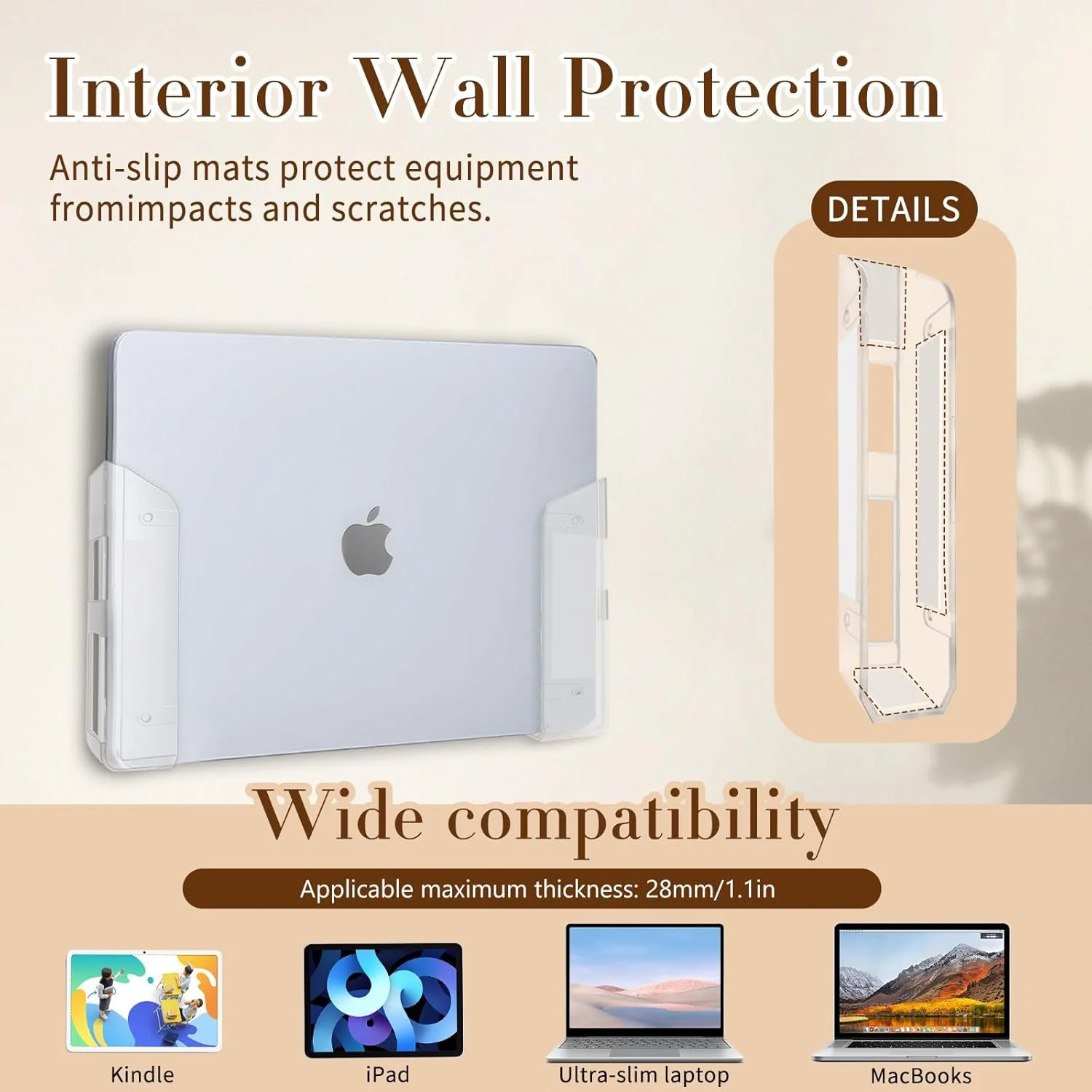 نگهدارنده لپ‌تاپ زیر میزی، نگهدارنده دیواری لپ‌تاپ شفاف با سیلیکون ضد خش، قفسه صرفه‌جویی در فضا برای دستگاه‌های با ضخامت 28 میلی‌متر/1.1 اینچ، سازگار با مک‌بوک، مینی سرفیس، آی‌پد و غیره