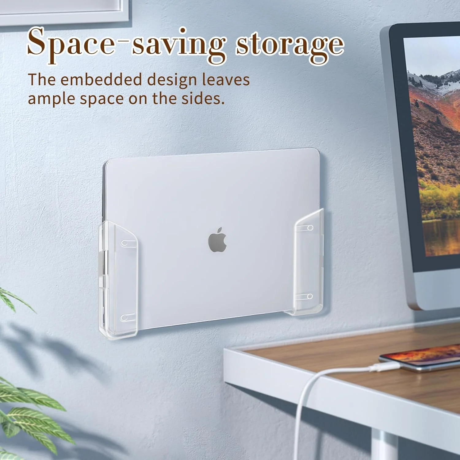 نگهدارنده لپ‌تاپ زیر میزی، نگهدارنده دیواری لپ‌تاپ شفاف با سیلیکون ضد خش، قفسه صرفه‌جویی در فضا برای دستگاه‌های با ضخامت 28 میلی‌متر/1.1 اینچ، سازگار با مک‌بوک، مینی سرفیس، آی‌پد و غیره