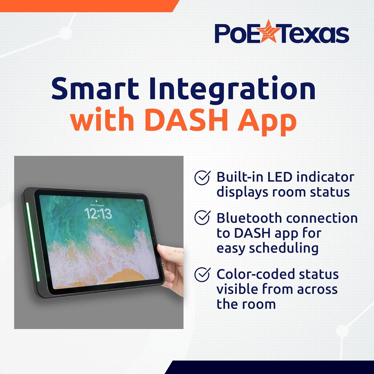 پایه دیواری آیپد نسل دهم PoE Texas با نشانگر LED وضعیت، بدنه آلومینیومی مشکی، پایه تبلت نمایشگر اتاق با برنامه Dash - همراه با آداپتور PoE مدل AF-USBC-PD و پایه دیواری