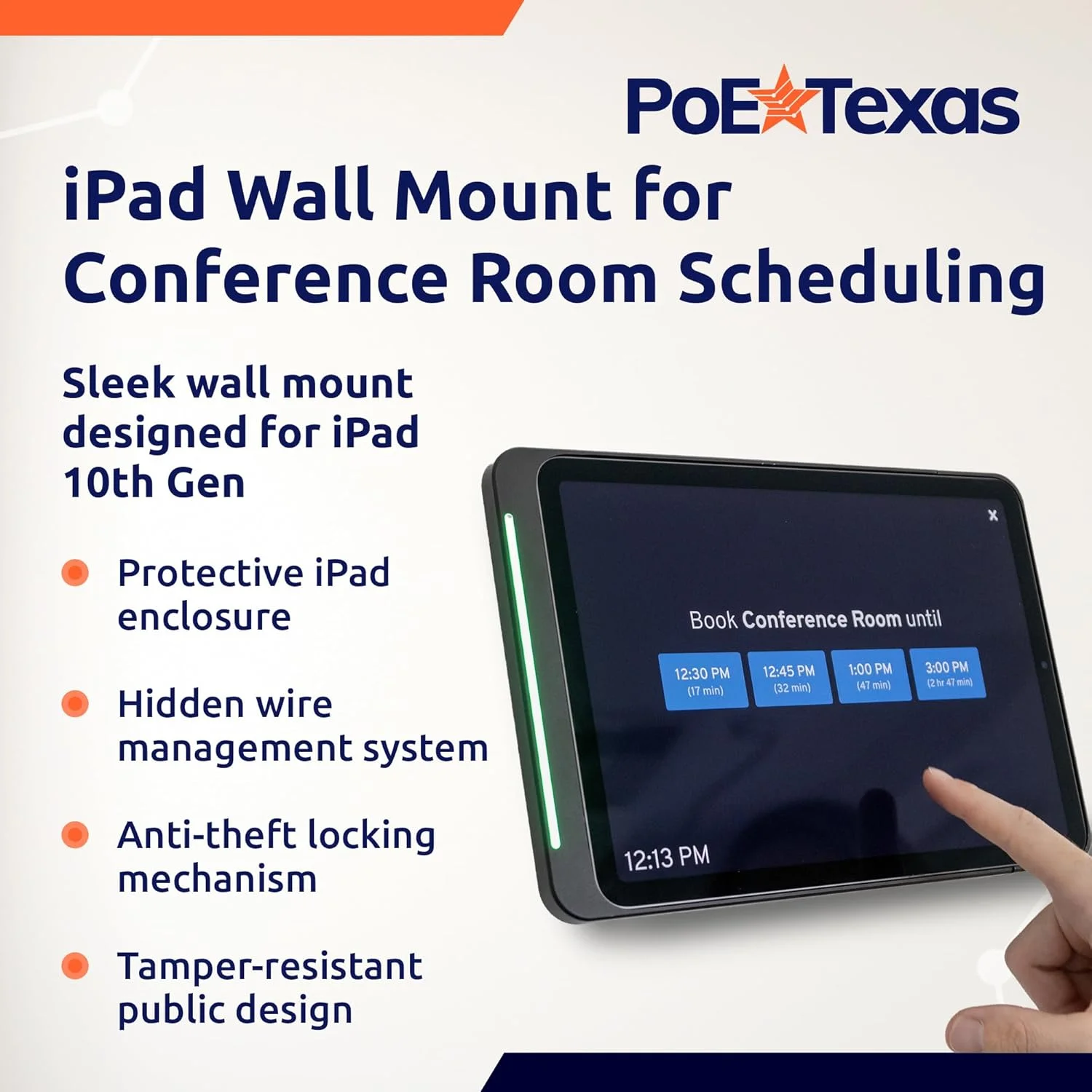 پایه دیواری آیپد نسل دهم PoE Texas با نشانگر LED وضعیت، بدنه آلومینیومی مشکی، پایه تبلت نمایشگر اتاق با برنامه Dash - همراه با آداپتور PoE مدل AF-USBC-PD و پایه دیواری