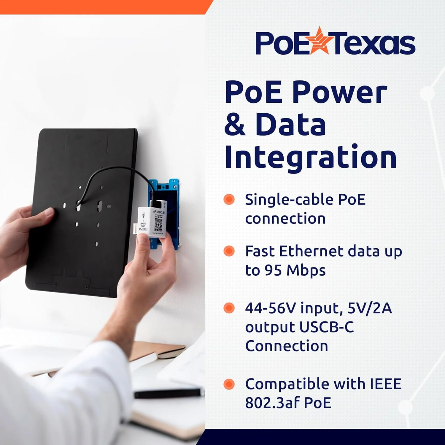 پایه دیواری آیپد نسل دهم PoE Texas با نشانگر وضعیت LED، آلومینیوم مشکی، مناسب اتاق کنفرانس اداری، پایه تبلت، برنامه Dash - همراه با آداپتور PoE مدل AF-USBC-JB