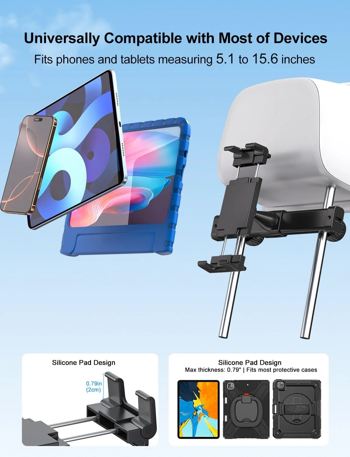 نگهدارنده تبلت صندلی عقب خودرو PLDHPRO، پایه تبلت برای پشت صندلی خودرو برای کودکان، لوازم ضروری سفر جاده ای سازگار با آیفون، آیپد، گلکسی تب، دستگاه های 5.1 تا 15.6 اینچی، لوازم جانبی ضروری پشت سری مسافرتی