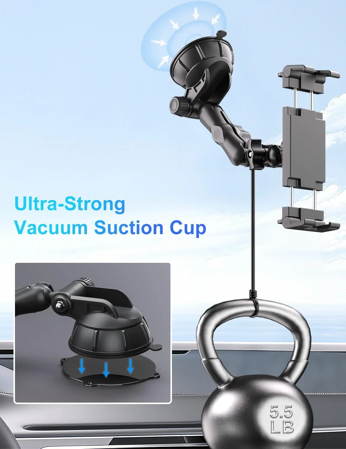 پایه تبلت PLDHPRO برای داشبورد خودرو، پایه نگهدارنده آیپد دو مرحله ای برای شیشه جلو داشبورد با مکنده خلاء سازگار با تلفن 5.1 تا 15.6 اینچی، لوازم جانبی کامیون