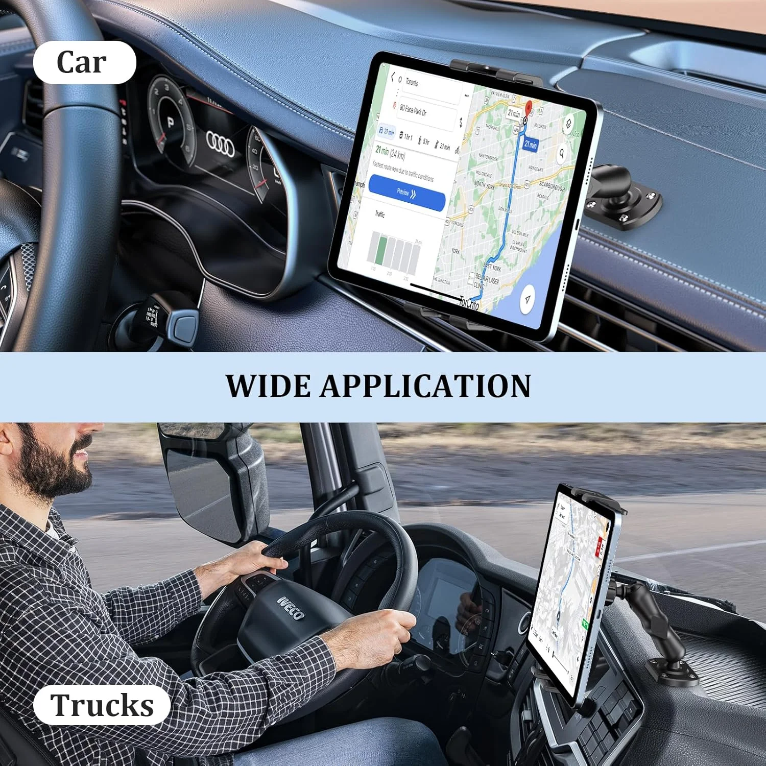 نگهدارنده تبلت OHLPRO برای داشبورد خودرو و کامیون، پایه آیپد سنگین با گیره فنری دوبل ارتقا یافته و پایه دریل، بازوی چرخان 360 درجه برای تبلت ها و تلفن های 5 تا 13 اینچی، مناسب برای وسایل نقلیه، دیوار، میز