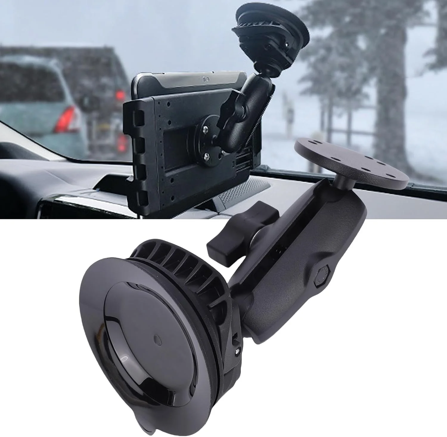 پایه نگهدارنده Carplay، پایه مکنده شیشه جلو داشبورد، چرخش 360 درجه، چرخش جانبی 180 درجه، اتصالات قابل تنظیم با پایه توپی دوبل برای تبلت مانیتور خودرو