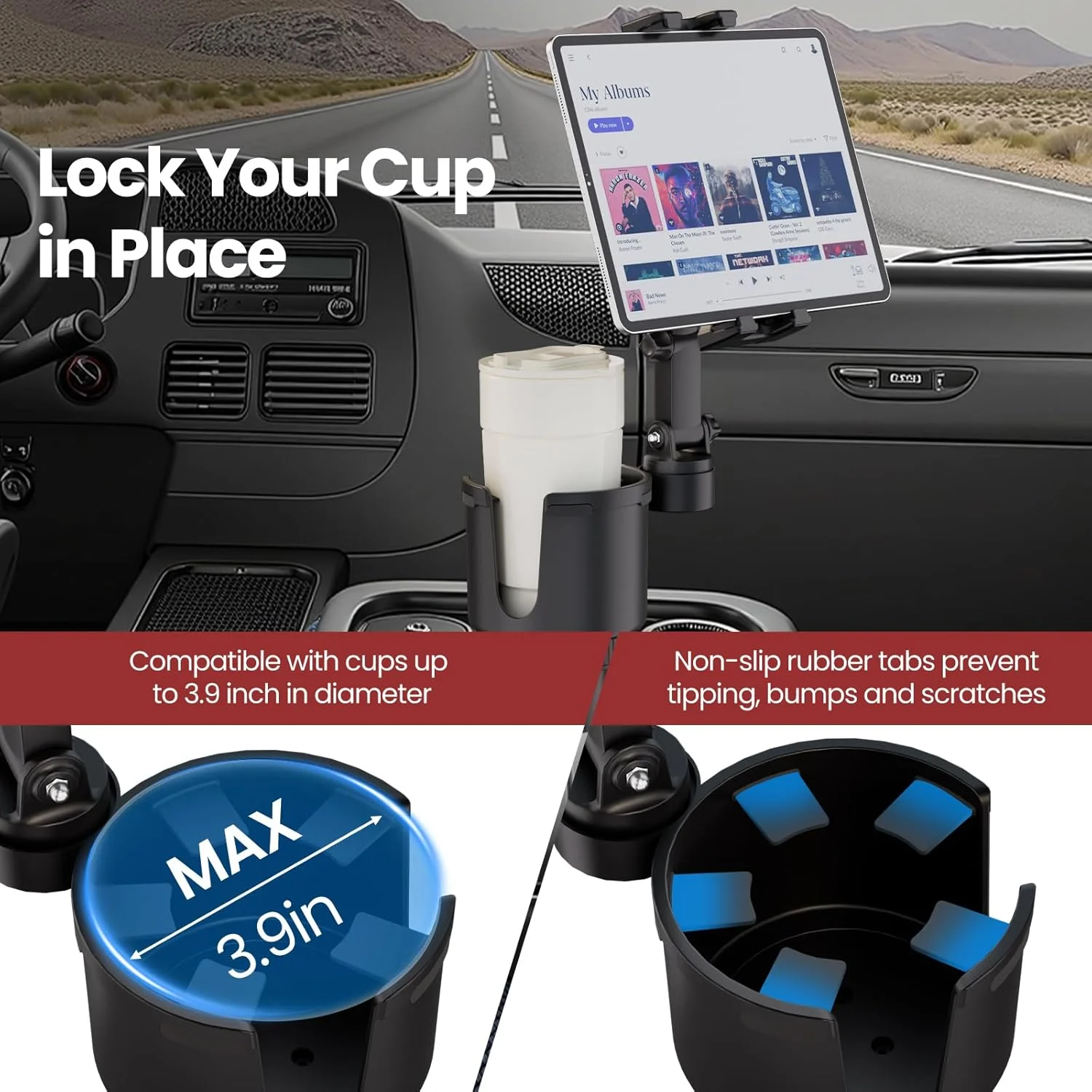 پایه تبلت OHLPRO برای کامیون با جا لیوانی 3.9 اینچی، نگهدارنده آیپد قابل تنظیم برای خودرو، سازگار با تبلت های 5 تا 13 اینچی آیپد پرو ایر مینی گلکسی، آیفون 16/15/14، لوازم جانبی سفر جاده ای