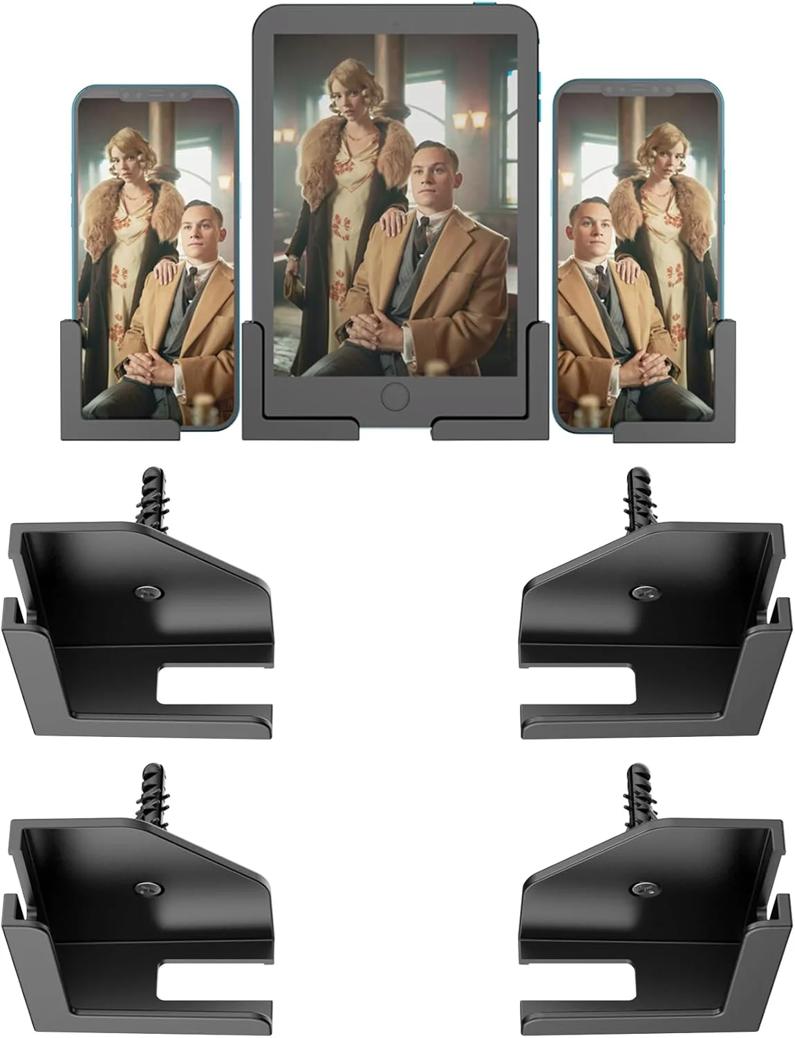 نگهدارنده دیواری تبلت و تلفن مناسب برای آیپد/سامسونگ/کیندل/کتابخوان الکترونیکی، نگهدارنده دیواری تلفن مناسب برای آشپزخانه/حمام/آینه/کنار تخت ثابت شده توسط چسب یا پیچ (2 ست (مشکی))