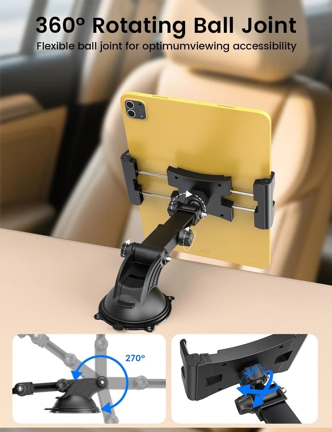 پایه تبلت OHLPRO برای خودرو، نگهدارنده مکنده ای برای داشبورد و شیشه جلو، پایه گیره ای قابل تنظیم ارتقا یافته با بازوی تلسکوپی، سازگار با آیپد پرو/ایر/مینی 5 تا 13 اینچی، گلکسی تب، کیندل فایر، سرفیس