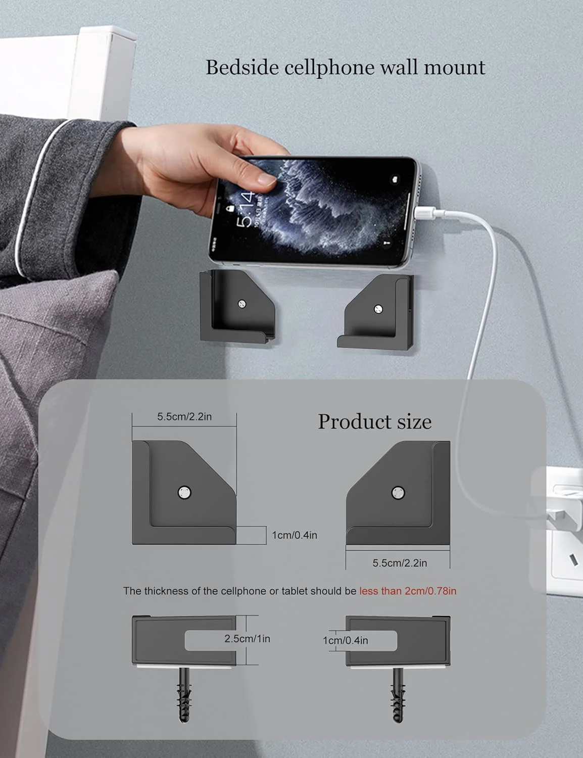 نگهدارنده دیواری تبلت و تلفن مناسب برای آیپد/سامسونگ/کیندل/کتابخوان الکترونیکی، نگهدارنده دیواری تلفن مناسب برای آشپزخانه/حمام/آینه/کنار تخت ثابت شده توسط چسب یا پیچ (2 ست (مشکی))