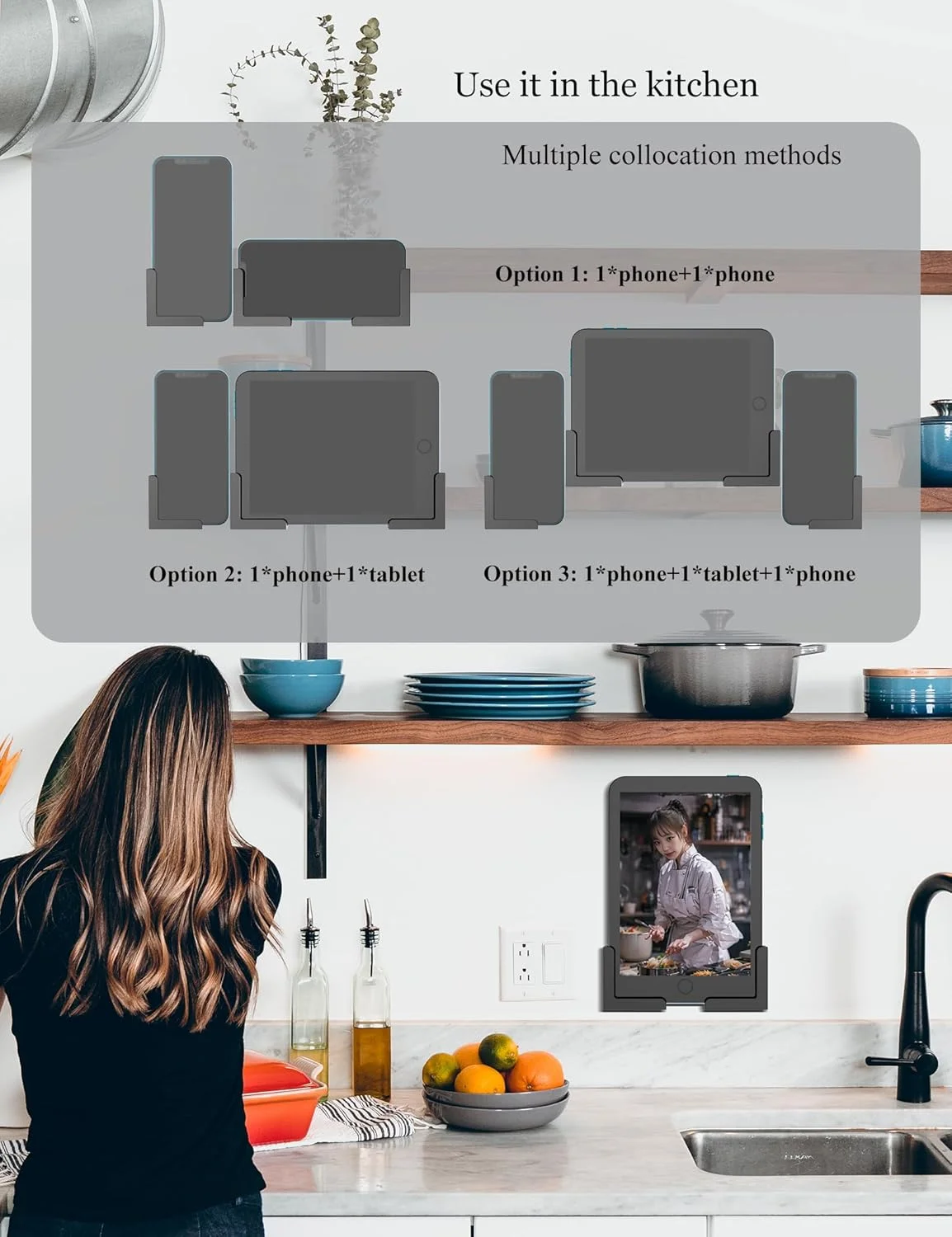 نگهدارنده دیواری تبلت و تلفن مناسب برای آیپد/سامسونگ/کیندل/کتابخوان الکترونیکی، نگهدارنده دیواری تلفن مناسب برای آشپزخانه/حمام/آینه/کنار تخت ثابت شده توسط چسب یا پیچ (2 ست (مشکی))