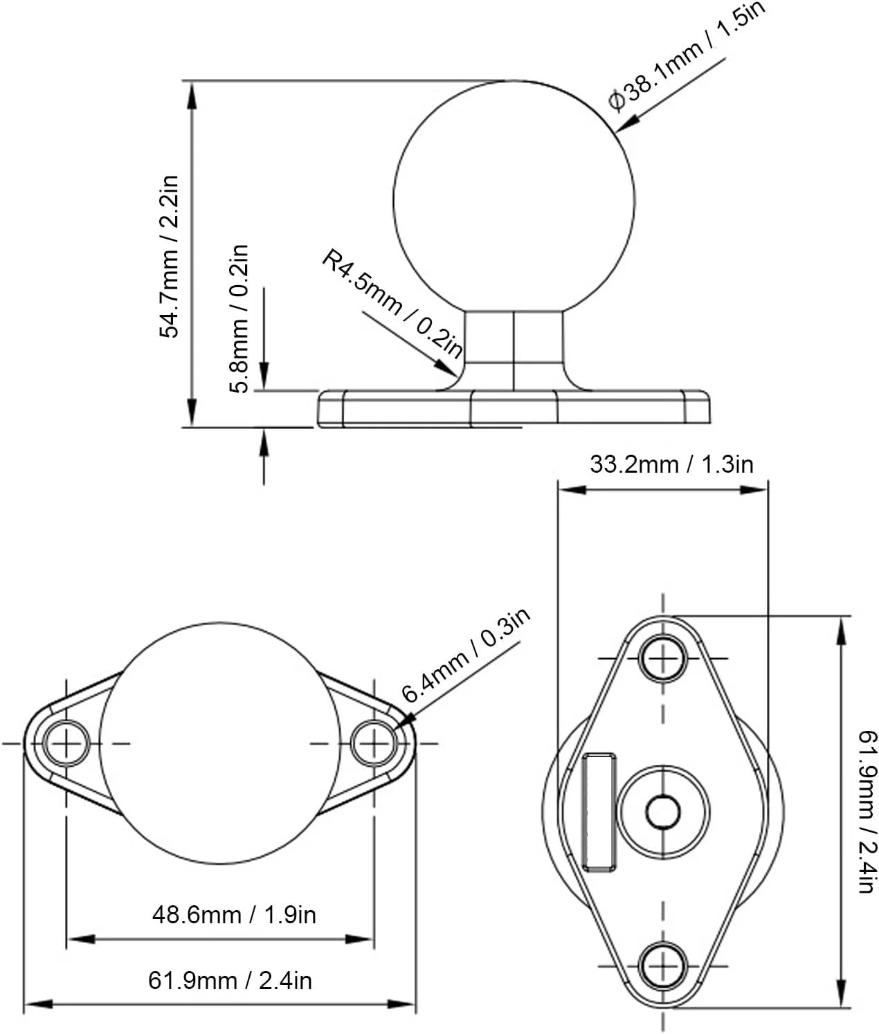 پایه توپی الماسی مناسب برای پایه رم، آلیاژ آلومینیوم، توپی لاستیکی 1.5 اینچی با صفحه الماسی
