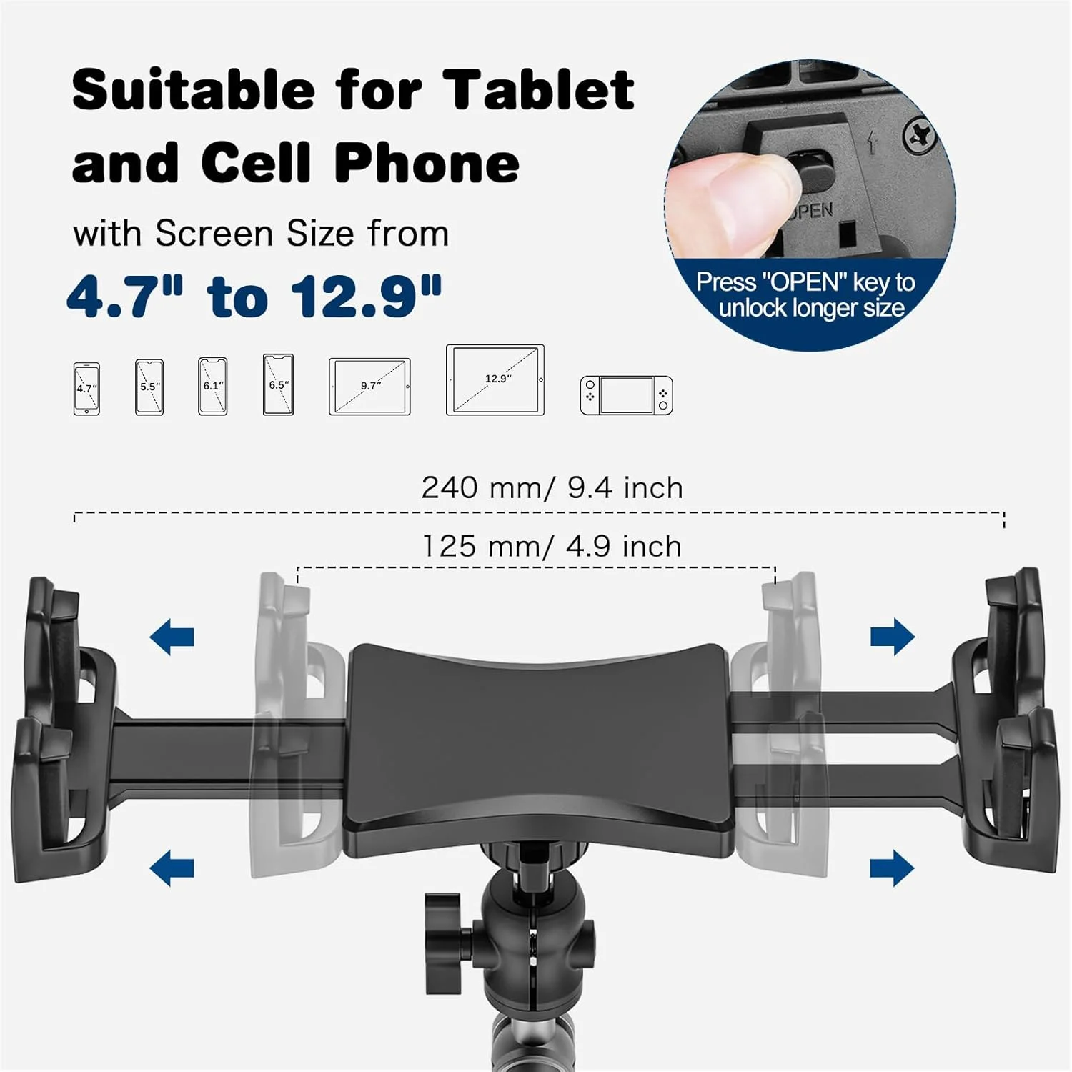 نگهدارنده تبلت برای خودرو، پایه مته‌ای سنگین، مناسب برای کامیون، دیوار و میز، سازگار با تبلت و تلفن‌های هوشمند از 4.7 تا 12.9 اینچ