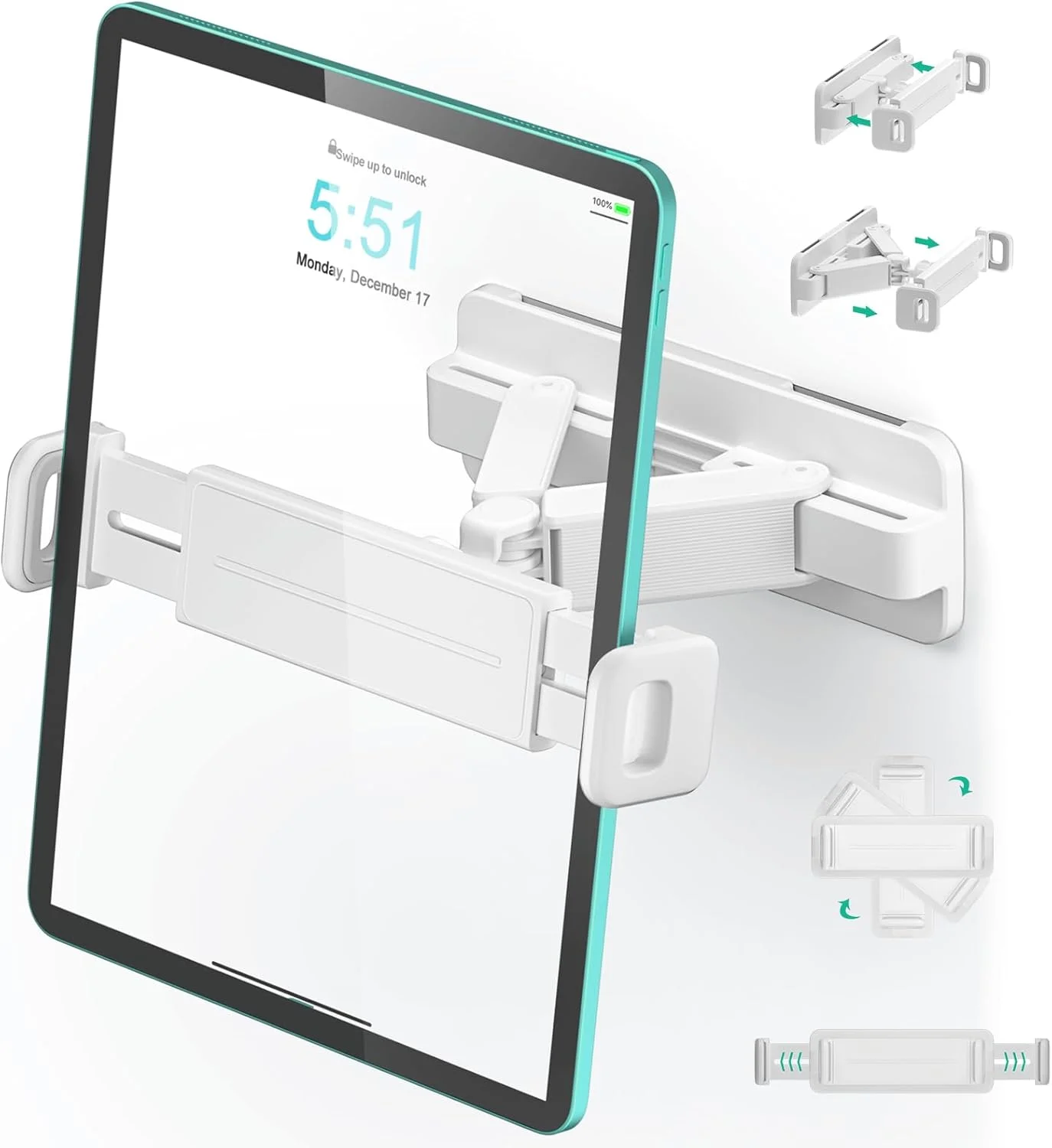 پایه دیواری تبلت با قابلیت چرخش 360 درجه، بدون نیاز به سوراخکاری، کاملا قابل تنظیم برای آشپزخانه، مناسب برای آیپد پرو/مینی/ایر 4.7 تا 12.9 اینچی، کیندل (سفید)