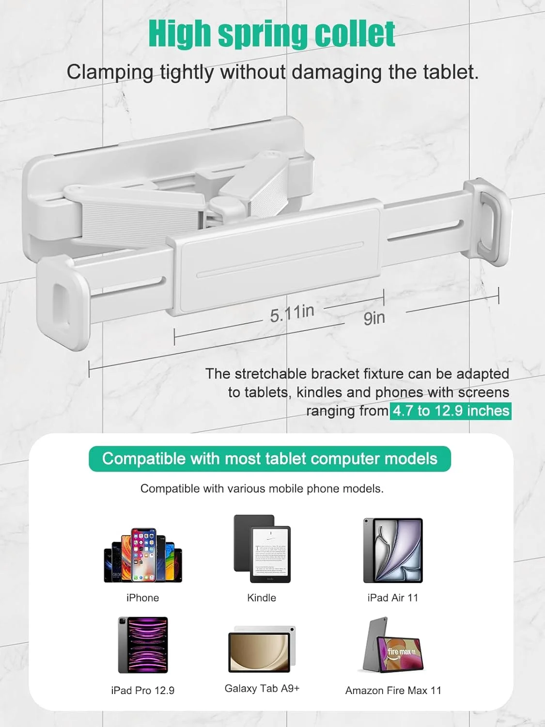 پایه دیواری تبلت با قابلیت چرخش 360 درجه، بدون نیاز به سوراخکاری، کاملا قابل تنظیم برای آشپزخانه، مناسب برای آیپد پرو/مینی/ایر 4.7 تا 12.9 اینچی، کیندل (سفید)