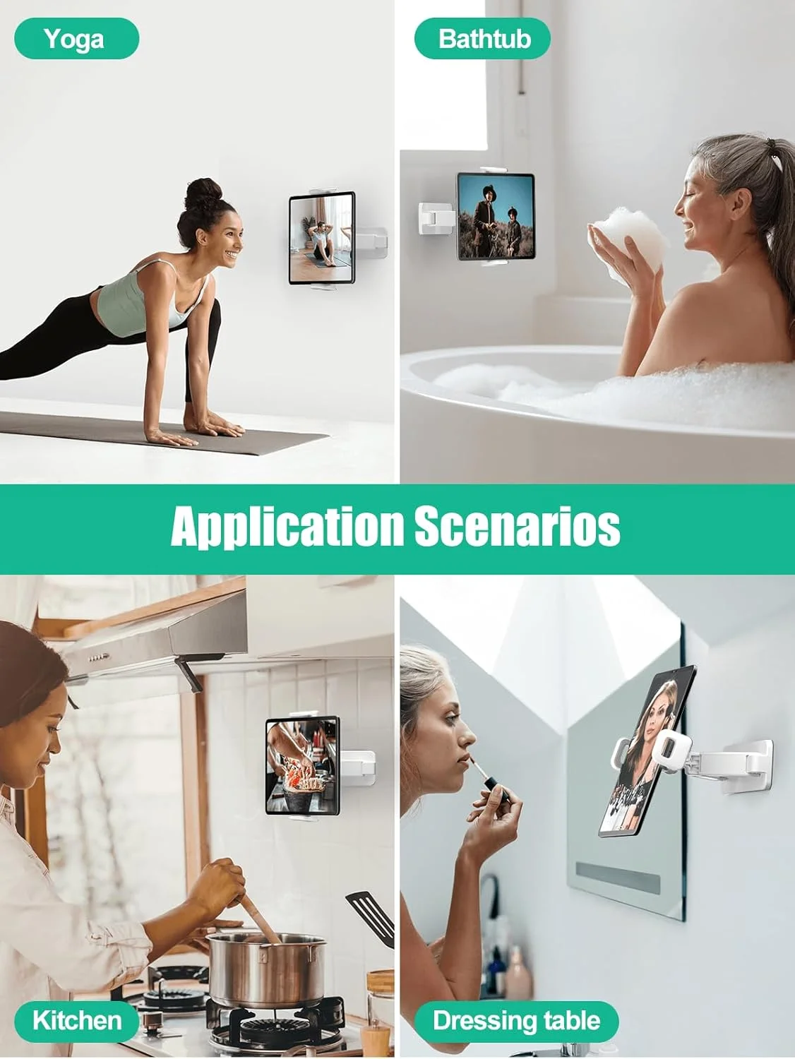 پایه دیواری تبلت با قابلیت چرخش 360 درجه، بدون نیاز به سوراخکاری، کاملا قابل تنظیم برای آشپزخانه، مناسب برای آیپد پرو/مینی/ایر 4.7 تا 12.9 اینچی، کیندل (سفید)