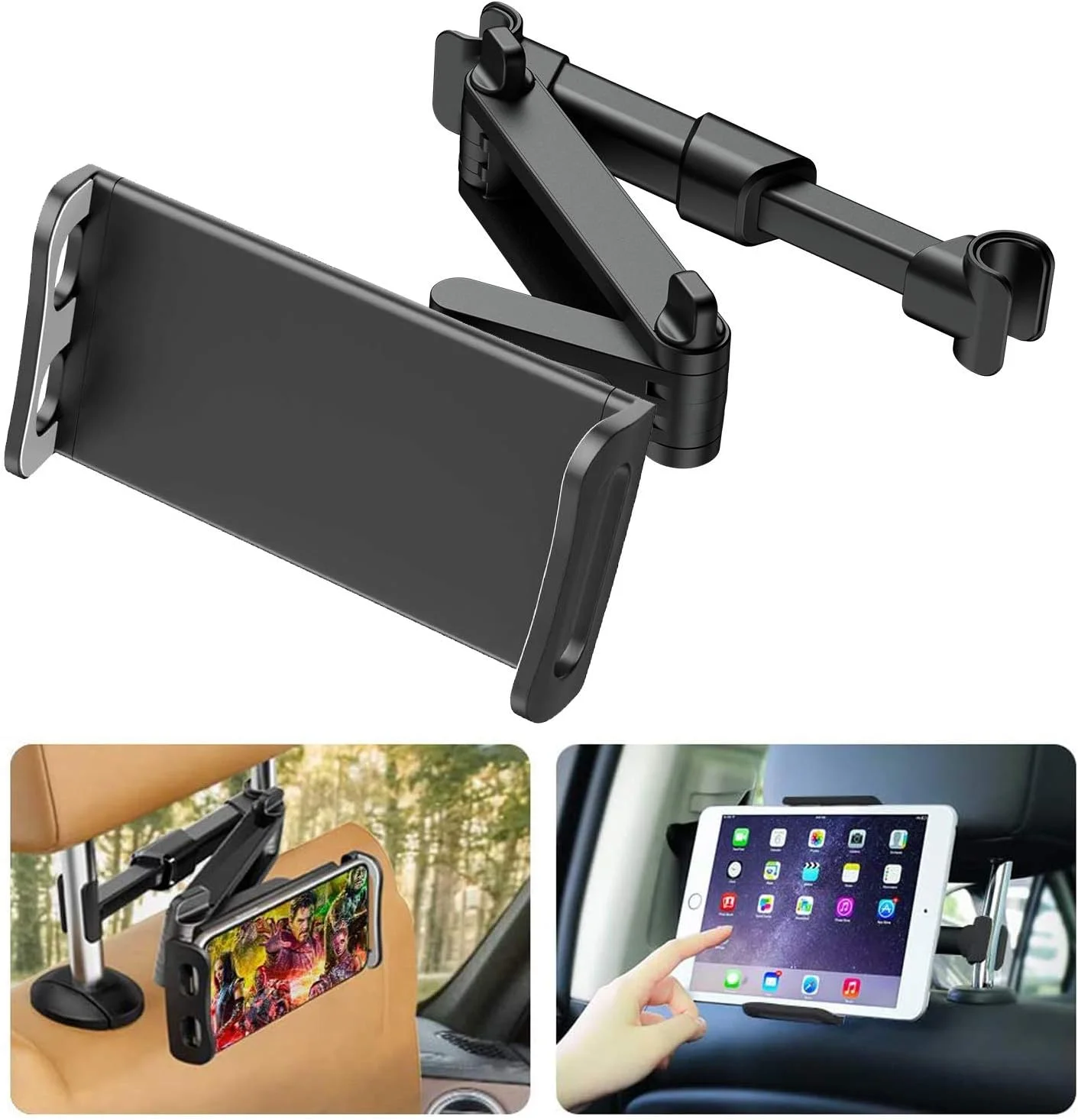 پایه نگهدارنده تبلت برای پشت سری خودرو، پایه نگهدارنده تبلت برای صندلی عقب خودرو، پایه نگهدارنده تبلت برای پشت سری، چرخش 360 درجه، قابل تنظیم برای همه تبلت های 4.5 تا 10.5 اینچی آیپد، آیپد ایر، آیپد مینی، سامسونگ گلکسی