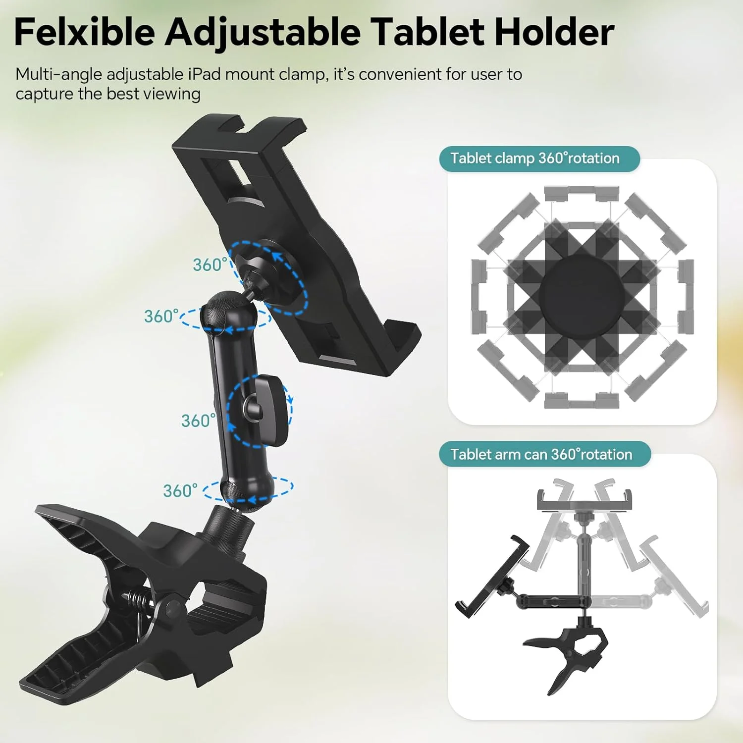 نگهدارنده تبلت با گیره انعطاف پذیر، بازوی آلیاژ آلومینیوم قابل تنظیم 360 درجه، پایه آیپد برای میز/تخته/پست، سازگار با آیپد/نکسوس/کتابخوان الکترونیکی/سوییچ/Fire HD/آیفون 4.7 تا 12.9 اینچی