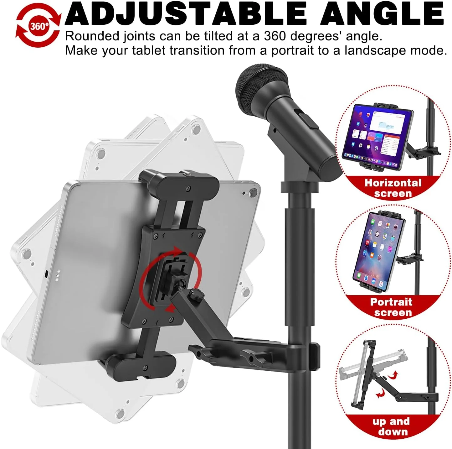 نگهدارنده تبلت برای پایه میکروفون، نگهدارنده آیپد میکروفون، چرخش 360 درجه، پایه نت تبلت، قابل تنظیم، سازگار با آیپد، آیپد پرو، آیپد ایر، تلفن های هوشمند و تبلت های 4.7 - 13.5 اینچ