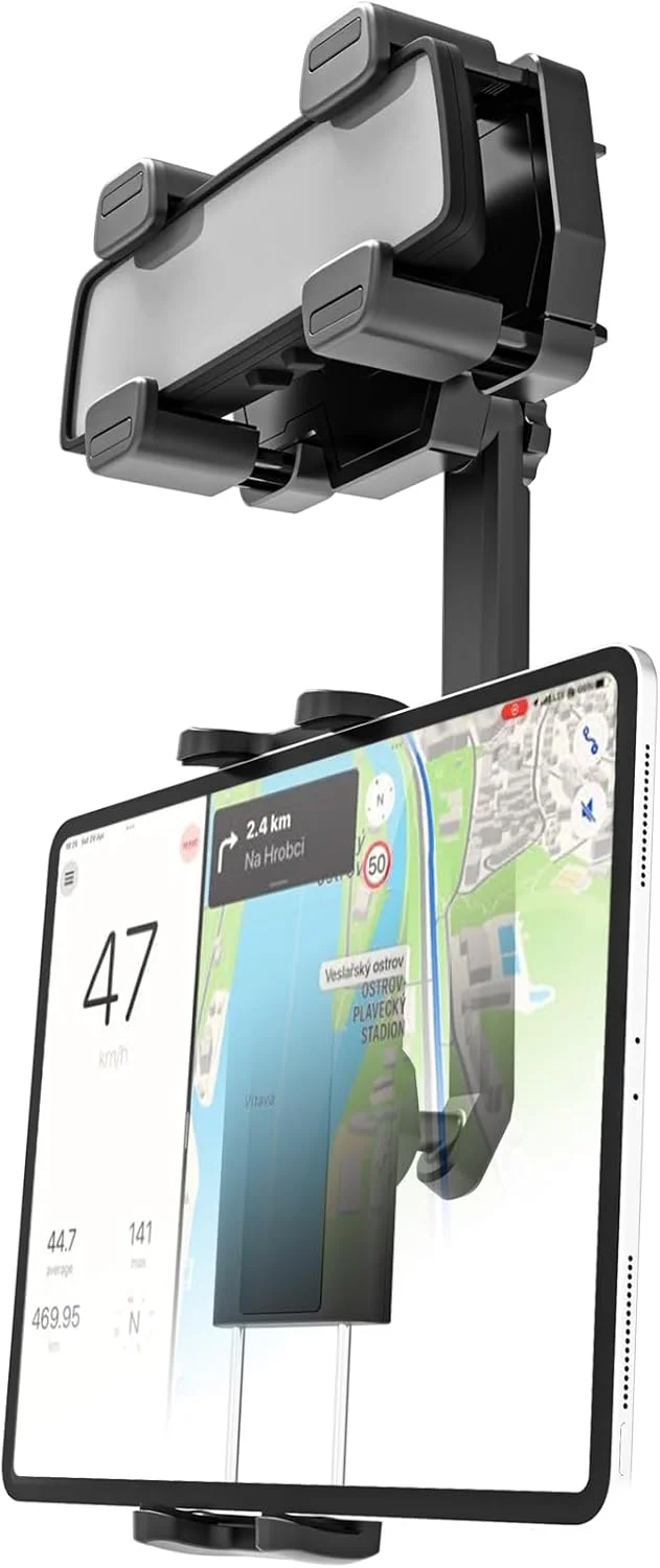 نگهدارنده تبلت آینه عقب خودرو - [چهار بست تقویت شده]، نگهدارنده تبلت آینه عقب جمع شونده، مناسب برای تبلت های 4.7-11 اینچی، مانند آیپد پرو، ایر، مینی، گلکسی، فایر، مشکی