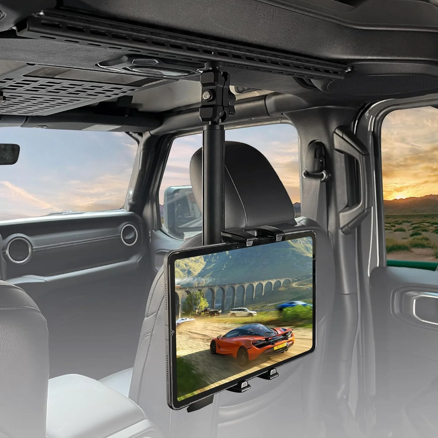 نگهدارنده تبلت صندلی عقب MAIKER، پایه نگهدارنده آیپد آویز قابل تنظیم سازگار با جیپ رانگلر JL مدل 2018-2025 و گلادیاتور JT مدل 2020-2025، لوازم ضروری سفر جاده ای برای کودکان برای دستگاه های 4.92 تا 9.25 اینچ - مشکی