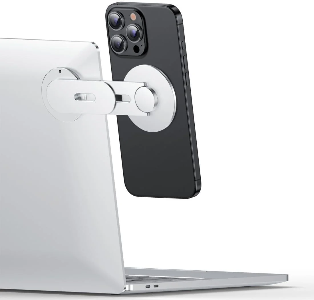 نگهدارنده مغناطیسی گوشی برای لپ تاپ، پایه نگهدارنده جانبی قابل تنظیم صفحه نمایش گوشی، زاویه چرخان، فوق العاده باریک و قابل حمل برای سری آیفون 15/14/13/12، پایه توسعه دهنده - نقره ای