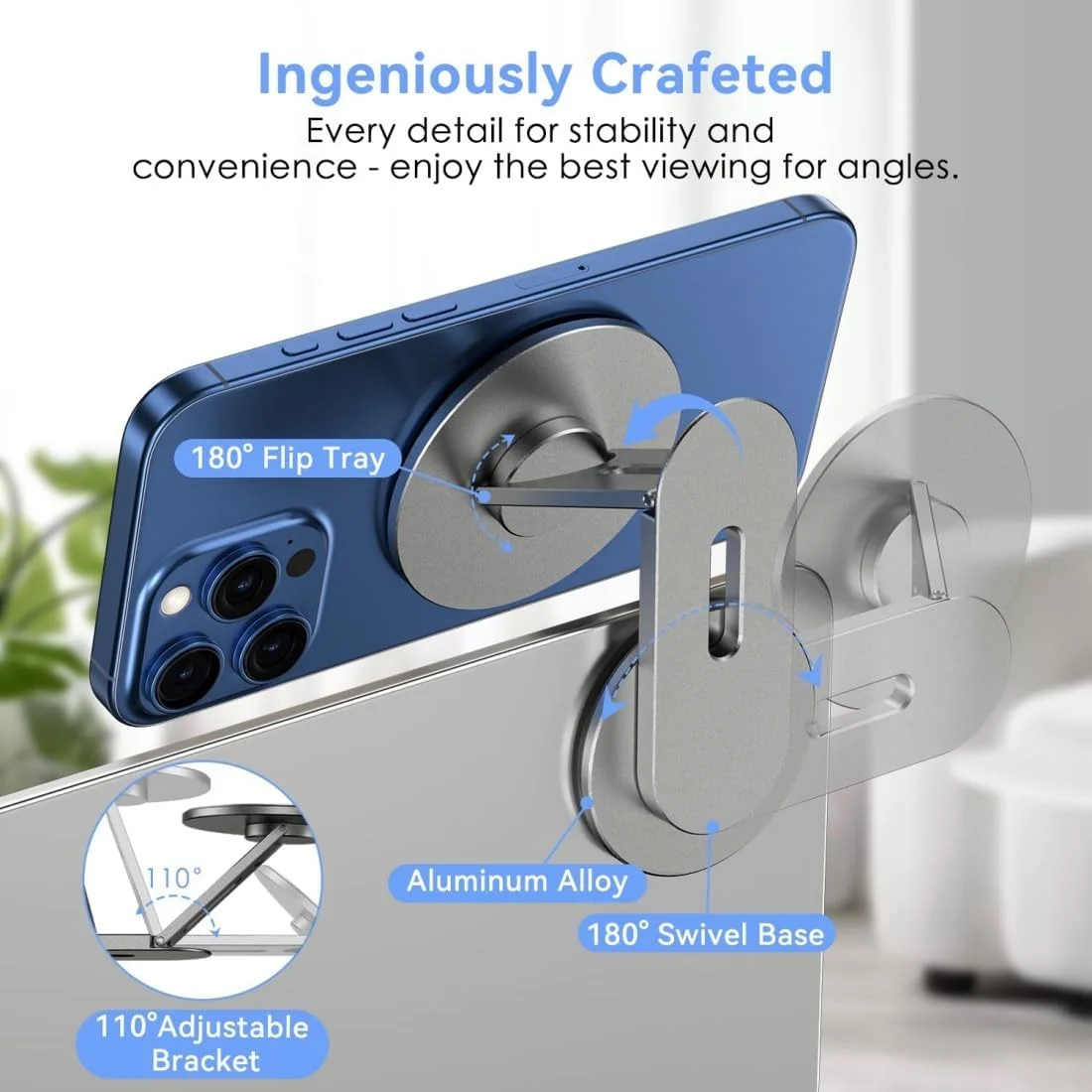نگهدارنده مغناطیسی گوشی برای لپ تاپ، پایه نگهدارنده جانبی قابل تنظیم صفحه نمایش گوشی، زاویه چرخان، فوق العاده باریک و قابل حمل برای سری آیفون 15/14/13/12، پایه توسعه دهنده - نقره ای