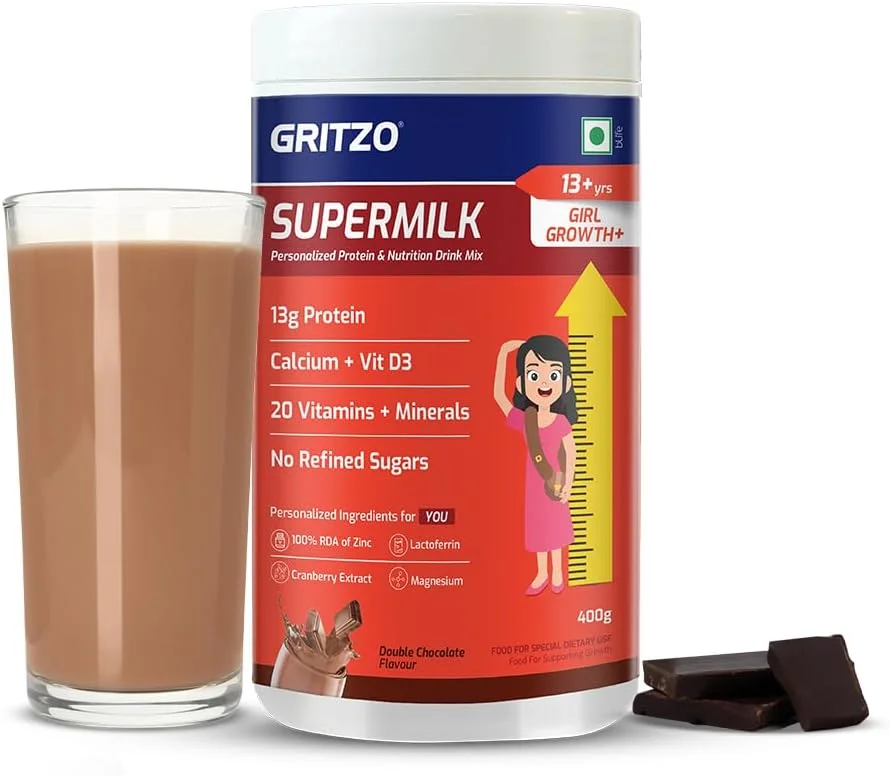 گریتزو سوپرمیلک افزایش قد + (دختران 13+ سال) - دبل شکلات، 400 گرم | 13 گرم پروتئین، بدون شکر تصفیه شده، 21 ویتامین و مواد معدنی