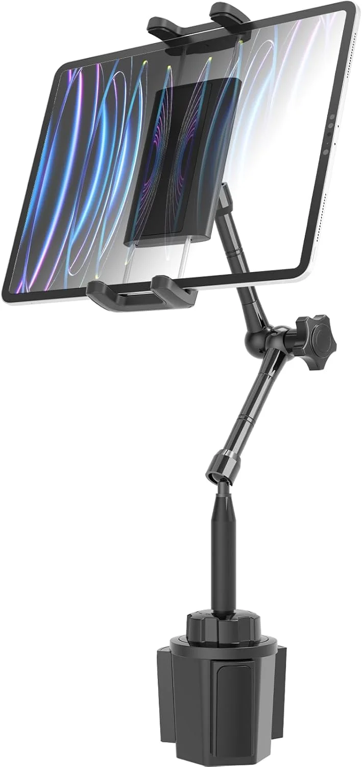 پایه نگهدارنده تبلت فلزی داخل جا لیوانی خودرو - بازوی دوگانه با قابلیت چرخش 360 درجه، مناسب برای سفرهای طولانی، سازگار با آیپد پرو/گلکسی تب/فایر اچ دی/آیفون 16/15 پرو مکس و تلفن همراه 4.7-13 اینچی