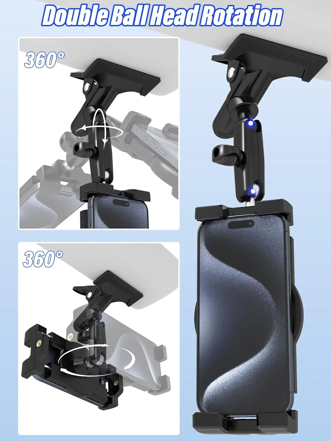 پایه نگهدارنده تبلت برای آفتابگیر خودرو، [نگهدارنده آلیاژ آلومینیوم] با دو بازوی قابل تنظیم 360 درجه، مناسب برای آیپد پرو 12.9/ ایر/ مینی، آیفون، گلکسی تب و دستگاه های 4 تا 13 اینچی