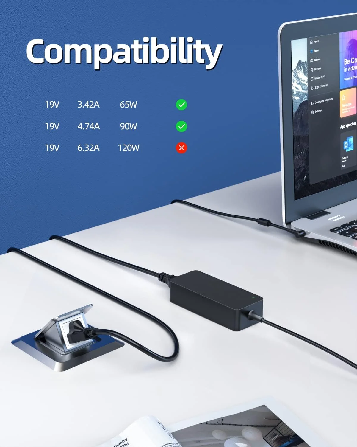 شارژر 90 وات 65 وات مناسب برای MSI PS42 PS63، مناسب برای Modern 15 A10RB A10M A10RAS، مناسب برای Modern AM241 11M، PRO 24X 10M لپ تاپ Cubi2 Plus Mini PC آداپتور AC جایگزین منبع تغذیه