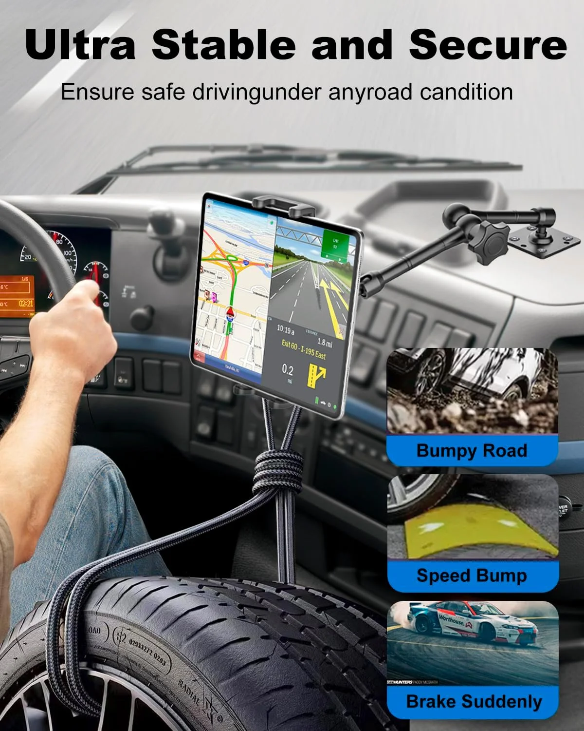 پایه نگهدارنده تبلت فلزی با قابلیت نصب از طریق سوراخ‌کاری، نگهدارنده تبلت داشبورد سنگین با بازوهای قابل تنظیم، مناسب برای کامیون/ون/دیوار/میز، سازگار با آیپد، آیفون و تبلت‌های 4.7 تا 13 اینچی