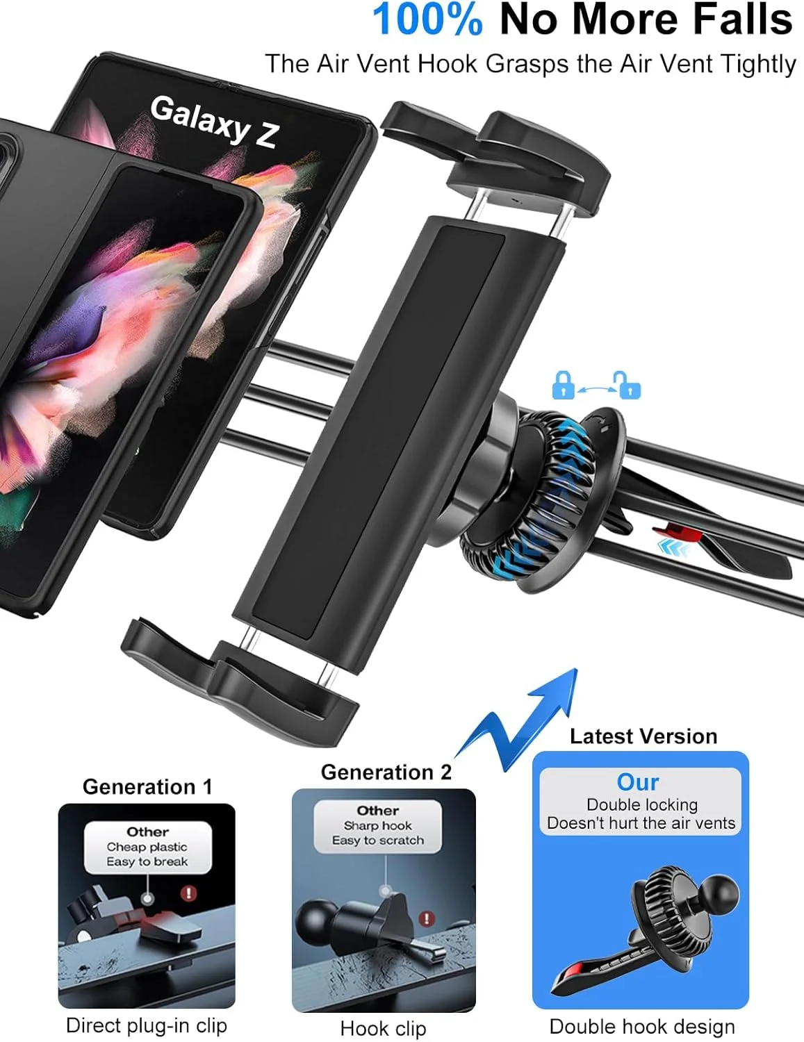 پایه تبلت برای دریچه خودرو، [نصب بدون آسیب] گیره دریچه هوای خودرو نگهدارنده موبایل مناسب برای تبلت و گوشی برای آیپد 10.2، 10.9، آیپد مینی پرو ایر زد فولد 5 4 3 آیفون 15 و سایر دستگاه های 4.7-12.9 اینچی