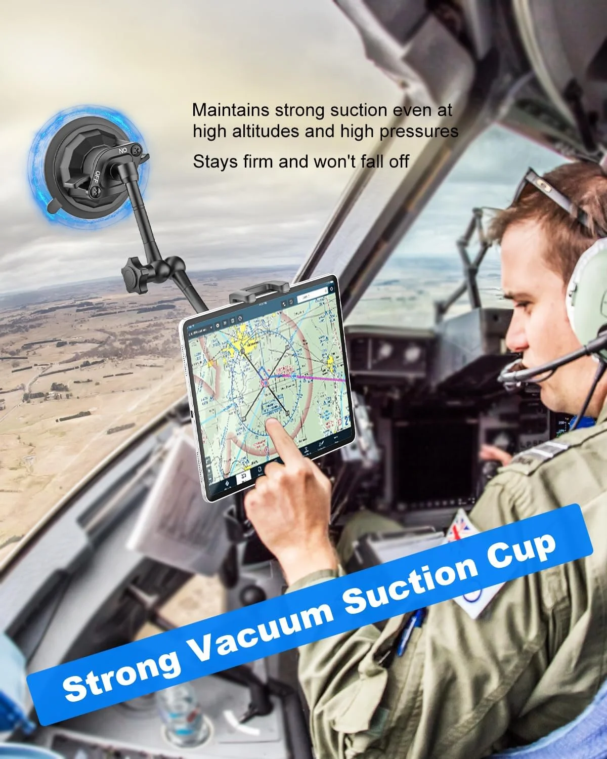 نگهدارنده تبلت هوانوردی برای خلبانان [پایه مکنده فشار قوی] بازوی بلند فلزی برای شیشه جلوی هواپیما، کنسول، سازگار با آیپد پرو 12.9، مینی، تبلت و تلفن های 4-13 اینچی