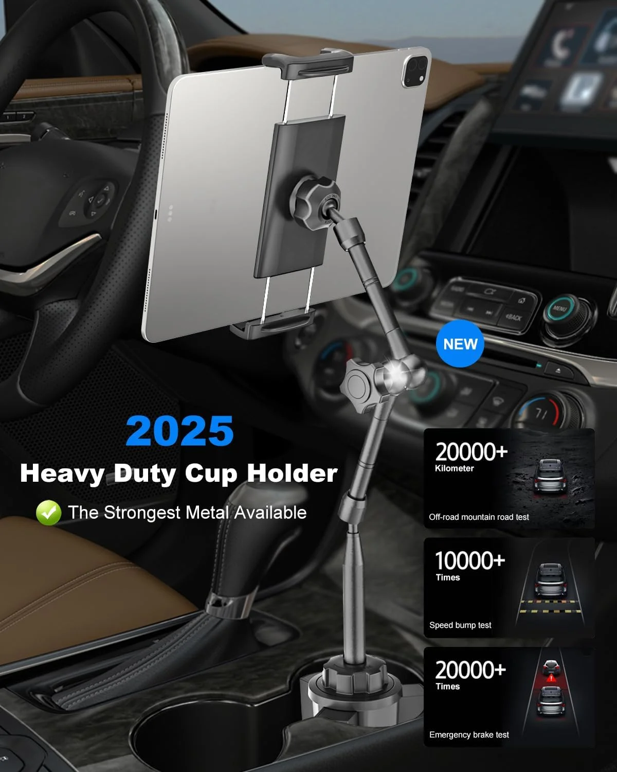 پایه تبلت فلزی سنگین برای جا لیوانی خودرو، پایه تبلت جا لیوانی با بازوی جادویی و تنظیم با یک لمس، مناسب برای خودرو، شاسی بلند، کامیون، سازگار با آیپد پرو ایر مینی، آیفون، زد فولد، دستگاه های 4 تا 13 اینچی