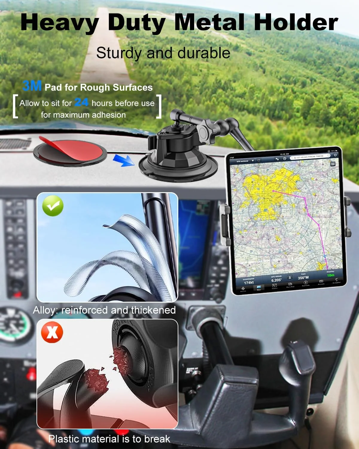 نگهدارنده تبلت هوانوردی برای خلبانان [پایه مکنده فشار قوی] بازوی بلند فلزی برای شیشه جلوی هواپیما، کنسول، سازگار با آیپد پرو 12.9، مینی، تبلت و تلفن های 4-13 اینچی