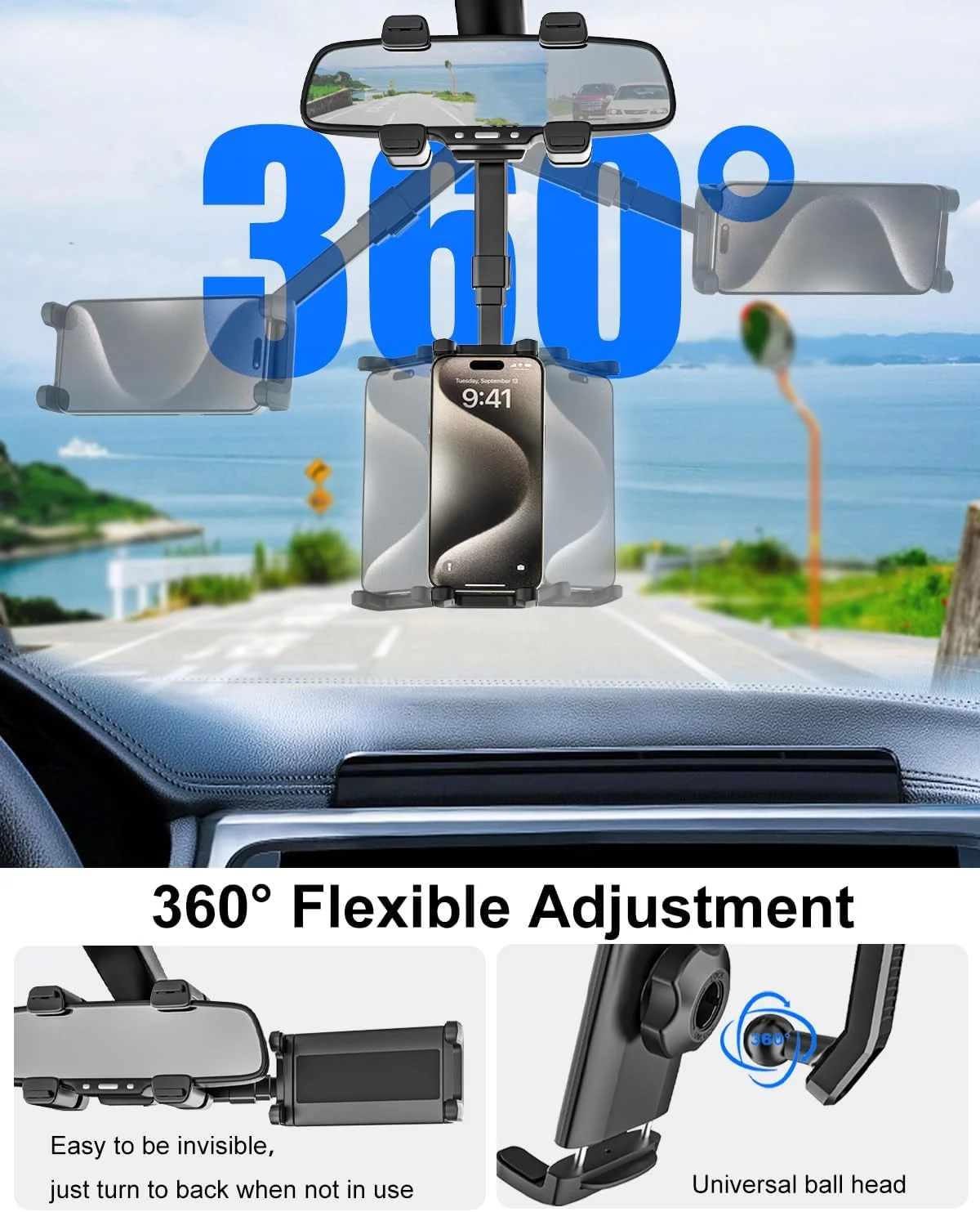 پایه تبلت آینه عقب خودرو [طراحی 4 چنگکی ضد لرزش] چرخش 360 درجه، نگهدارنده گوشی آینه عقب جمع شونده برای خودرو، نگهدارنده تبلت آینه عقب برای آیپد پرو ایر، آیفون 4-13 اینچی