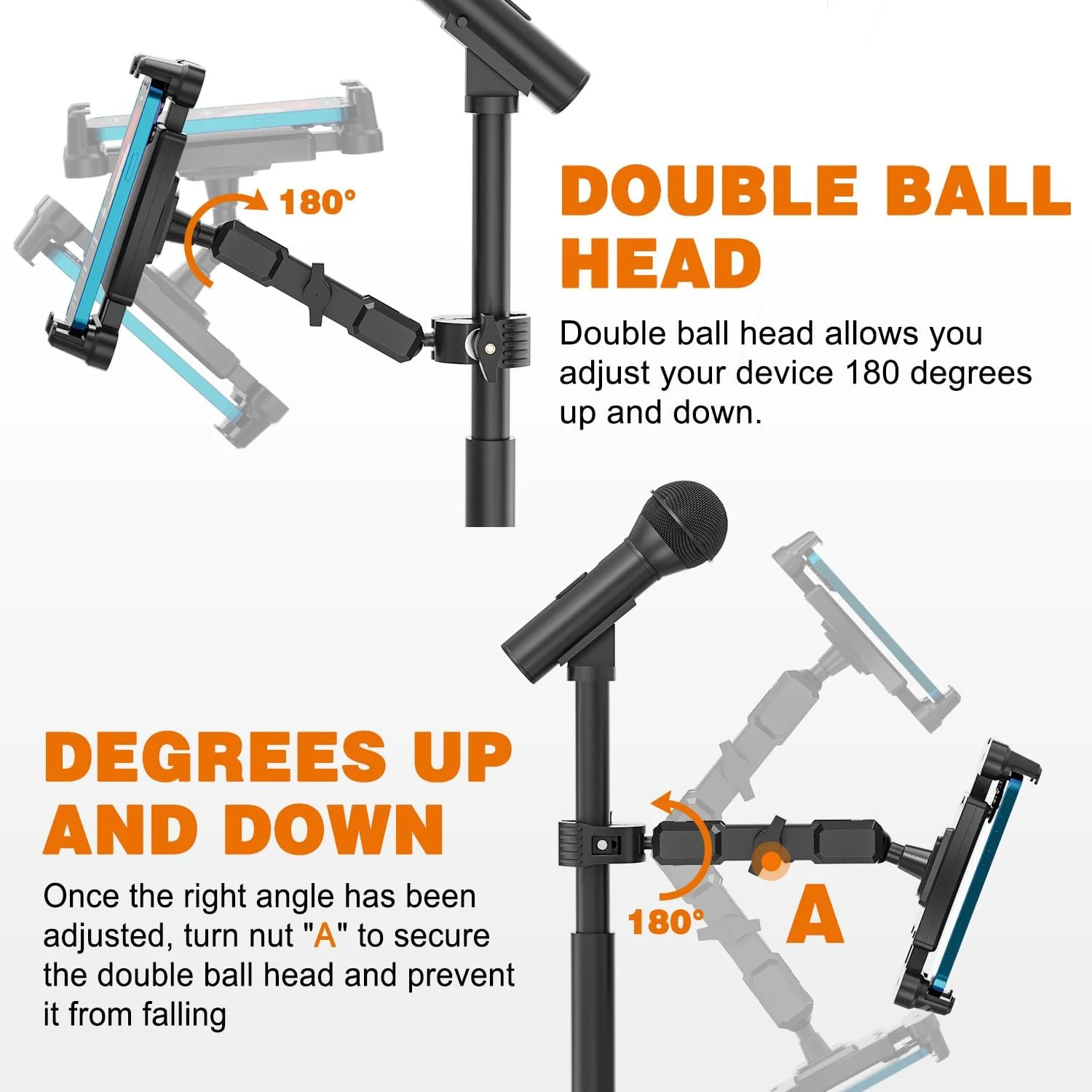 پایه نگهدارنده آیپد برای استند میکروفون، هولدر تبلت با چرخش 360 درجه برای استند موسیقی میکروفون با بازوی فلزی 5.9 اینچی، گیره C فوق العاده برای آیپد مینی/ایر/پرو و تمام تبلت ها و تلفن های هوشمند 4.7-13.5 اینچی