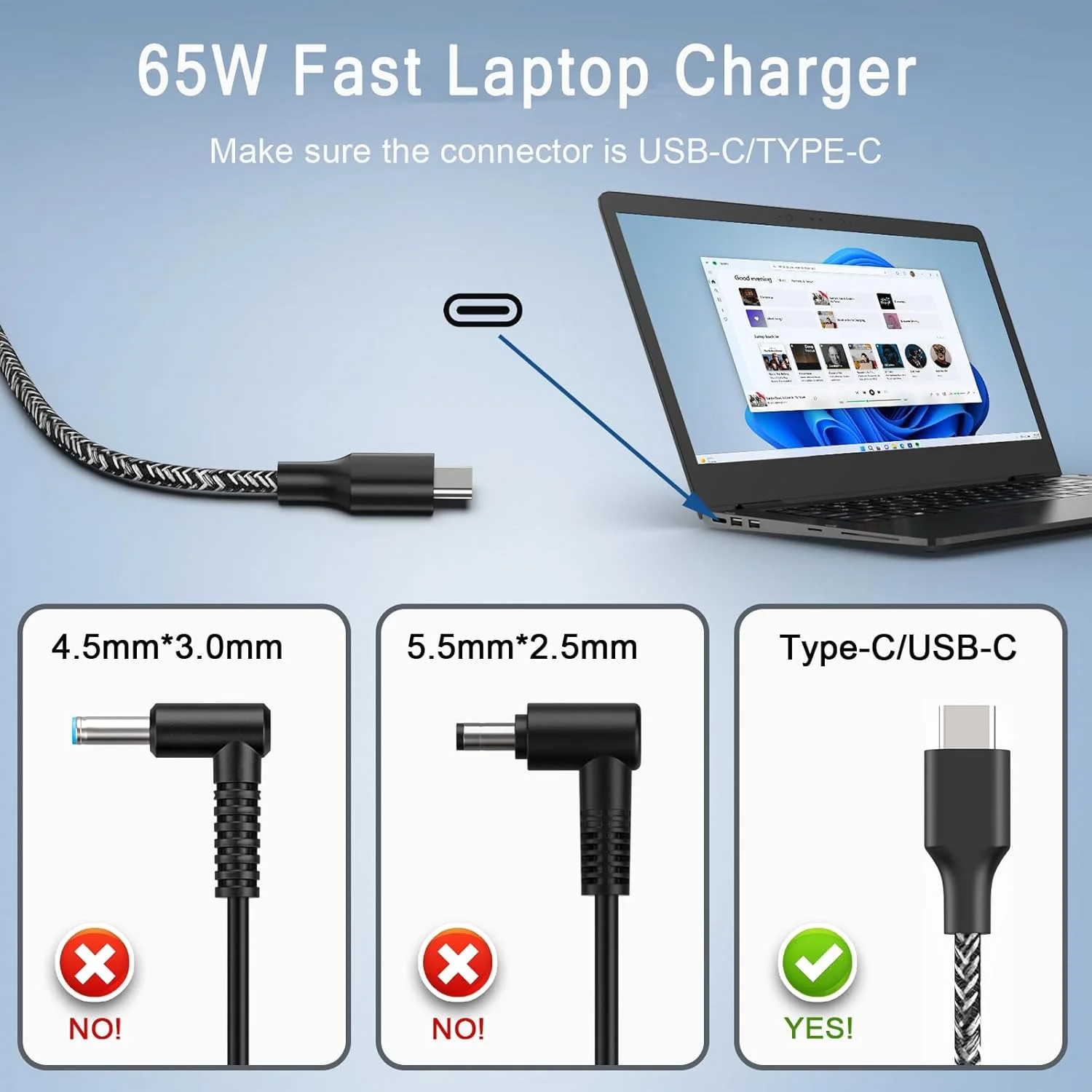 شارژر لپ تاپ باریک 65 واتی USB C سازگار با HP Elitebook 840 G5 Chromebook ProBook Elite x2 Envy Spectre X360 Lenovo Dell Asus MSI Huawei Samsung Type C