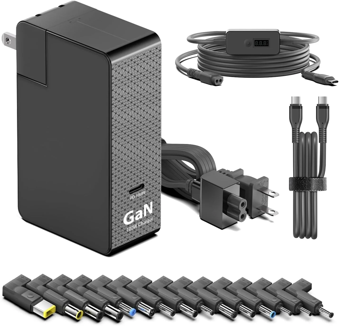 شارژر 100 واتی USB-C مدل HKY با کابل 6 فوتی USB-C و کابل تریگر PD بشکه ای با خروجی قابل تنظیم 5V-9V-12V-15V-20V و 15 عدد کانکتور برای مک بوک، دِل، اچ پی، لنوو، ایسوس، ایسر، سرفیس، ال جی، ام اس آی، توشیبا، لپ تاپ، کروم بوک