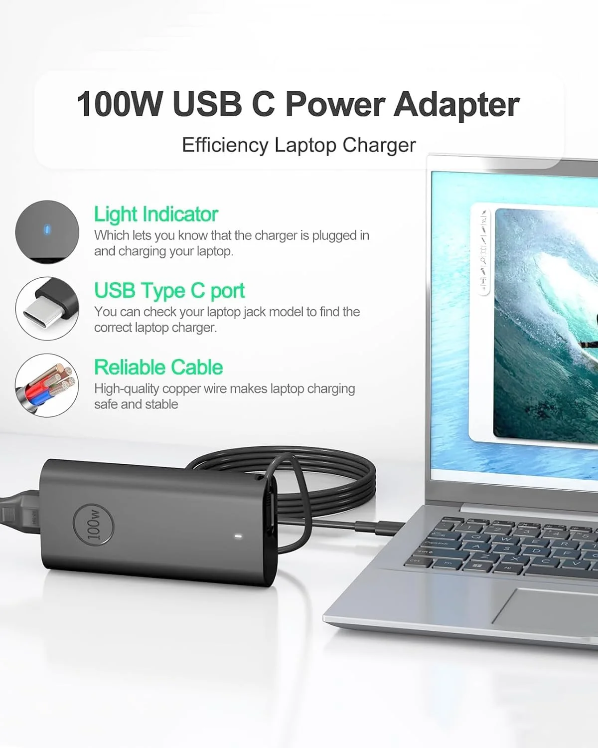 شارژر لپ تاپ 100 واتی USB C سازگار با Dell Latitude 5340 7640 7340 5440 XPS Precision 5680 3580 3581 Inspiron 14 16 Chromebook 3100 3380 5190 آداپتور برق Type C