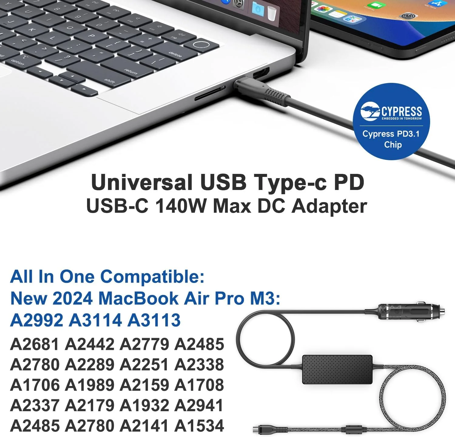 شارژر فندکی لپ تاپ HKY PD3.1 140W 28V/5A با پورت USB C و ولتاژ 12V-24V DC برای مک بوک پرو/ایر 16" 15" 14" 13" M2 M2 Max، سرفیس، MSI، دل، لنوو، HP، هوآوی، لپ تاپ شیائومی، Asus ROG Ally، کروم بوک، Steam Deck