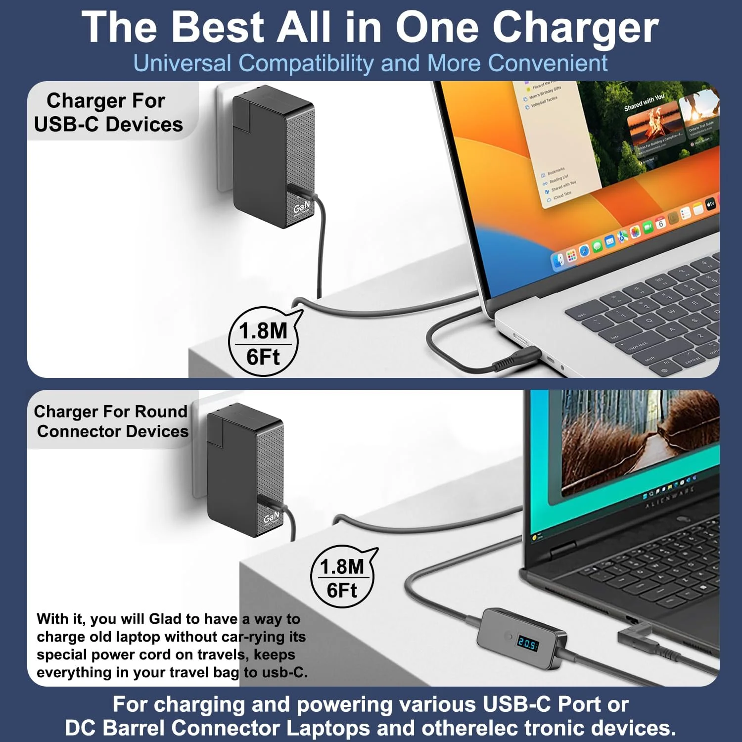 شارژر 100 واتی USB-C مدل HKY با کابل 6 فوتی USB-C و کابل تریگر PD بشکه ای با خروجی قابل تنظیم 5V-9V-12V-15V-20V و 15 عدد کانکتور برای مک بوک، دِل، اچ پی، لنوو، ایسوس، ایسر، سرفیس، ال جی، ام اس آی، توشیبا، لپ تاپ، کروم بوک