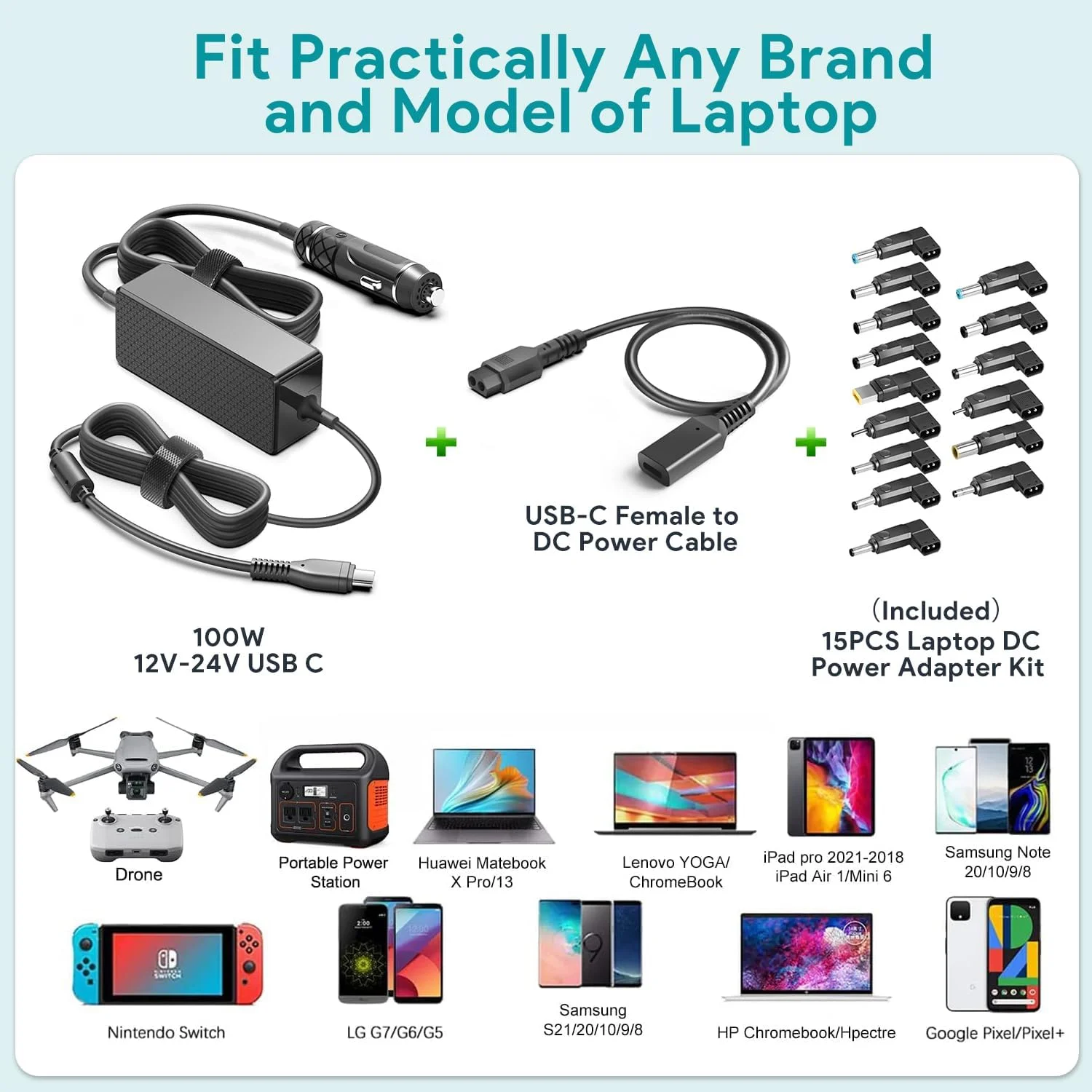 شارژر فندکی لپ تاپ ۱۰۰ واتی USB C تایفو به کابل شارژ جهانی نوت بوک برای ایسر، ایسوس، لنوو، اچ پی، توشیبا، مدیون، سونی، دل، پاکارد، سامسونگ، فوجیتسو، ام اس آی، گیت وی، دلتا، ال جی آداپتور DC 12V-24V