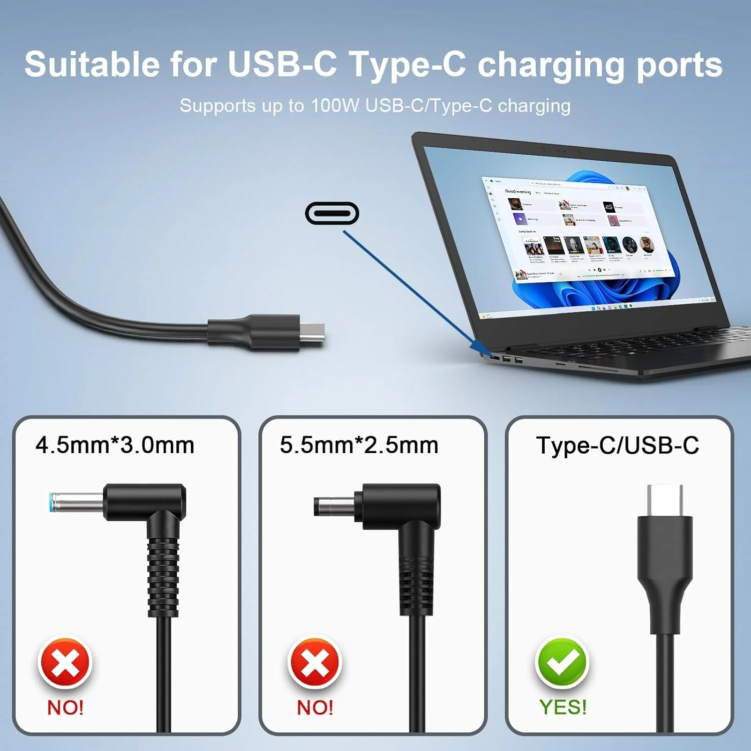شارژر لپ‌تاپ 100 واتی USB C سازگار با لنوو ThinkPad Yoga، اچ‌پی، دل، ایسوس، کروم‌بوک، سامسونگ، هواوی Matebook، مک‌بوک، MSI ROG و سایر آداپتورهای برق Type C