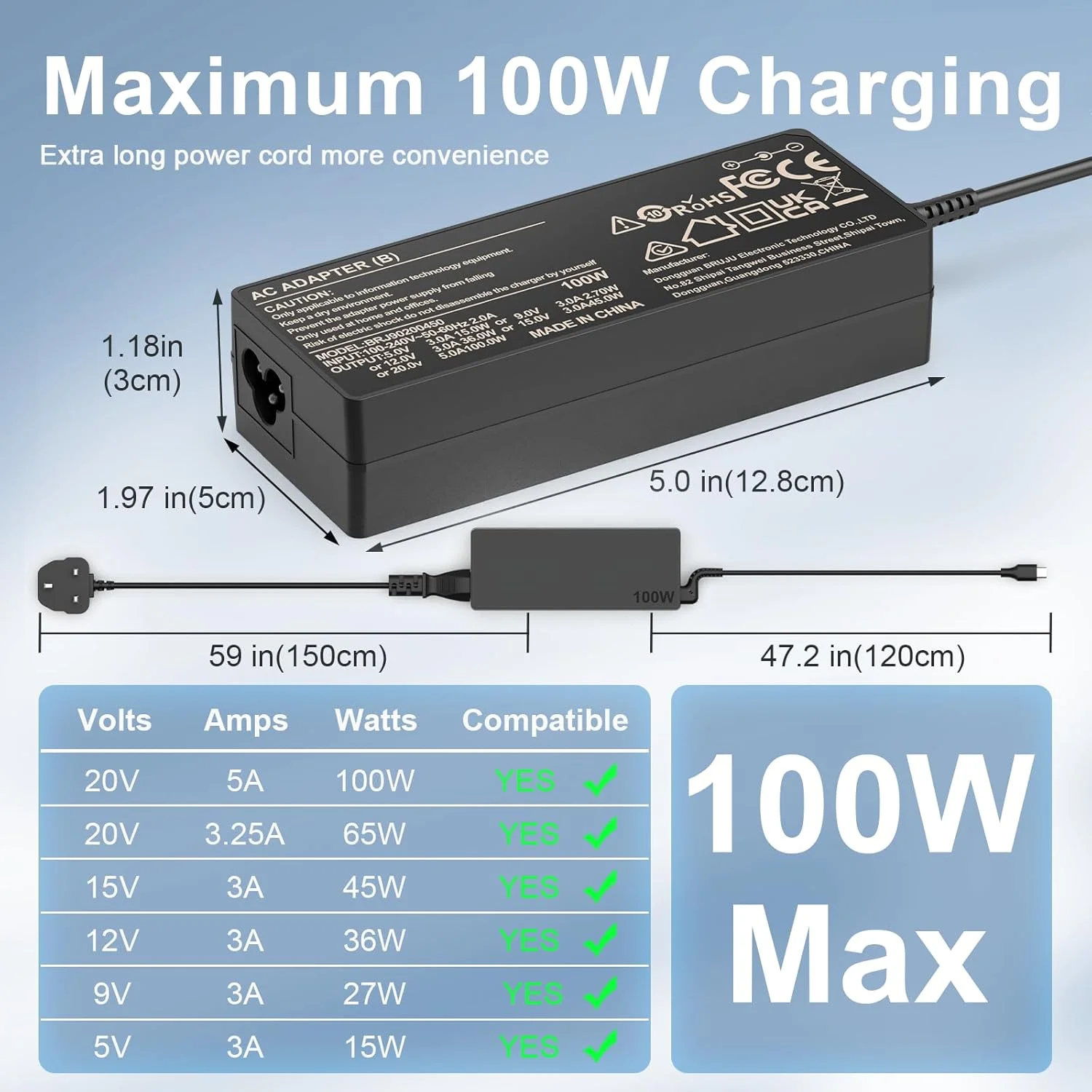 شارژر لپ‌تاپ 100 واتی USB C سازگار با لنوو ThinkPad Yoga، اچ‌پی، دل، ایسوس، کروم‌بوک، سامسونگ، هواوی Matebook، مک‌بوک، MSI ROG و سایر آداپتورهای برق Type C