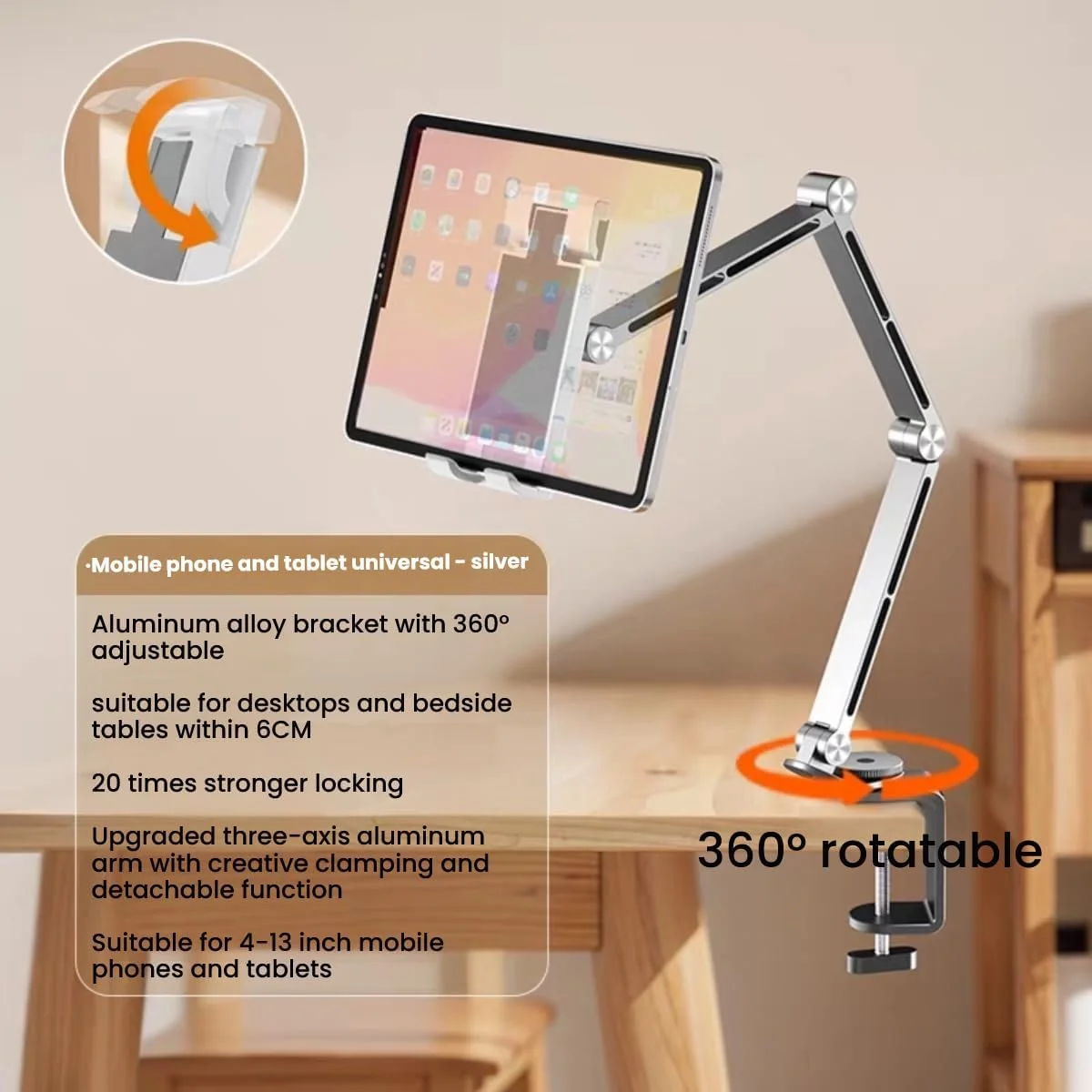 پایه نگهدارنده تبلت و گوشی قابل تنظیم، استند ارگونومیک چند مفصلی با گیره رومیزی بادوام، چرخش 360 درجه و ارتفاع سازگار با دستگاه ها برای خانه، دفتر، استودیو (نقره ای)